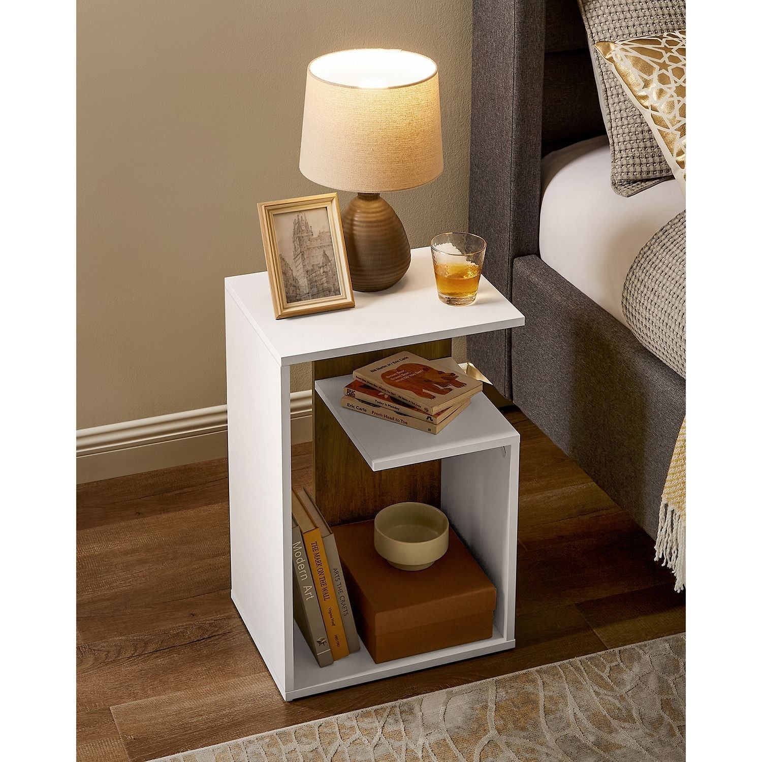 Side Table - Engineered Wood - Rustic Walnut and White - Versatile Open Storage