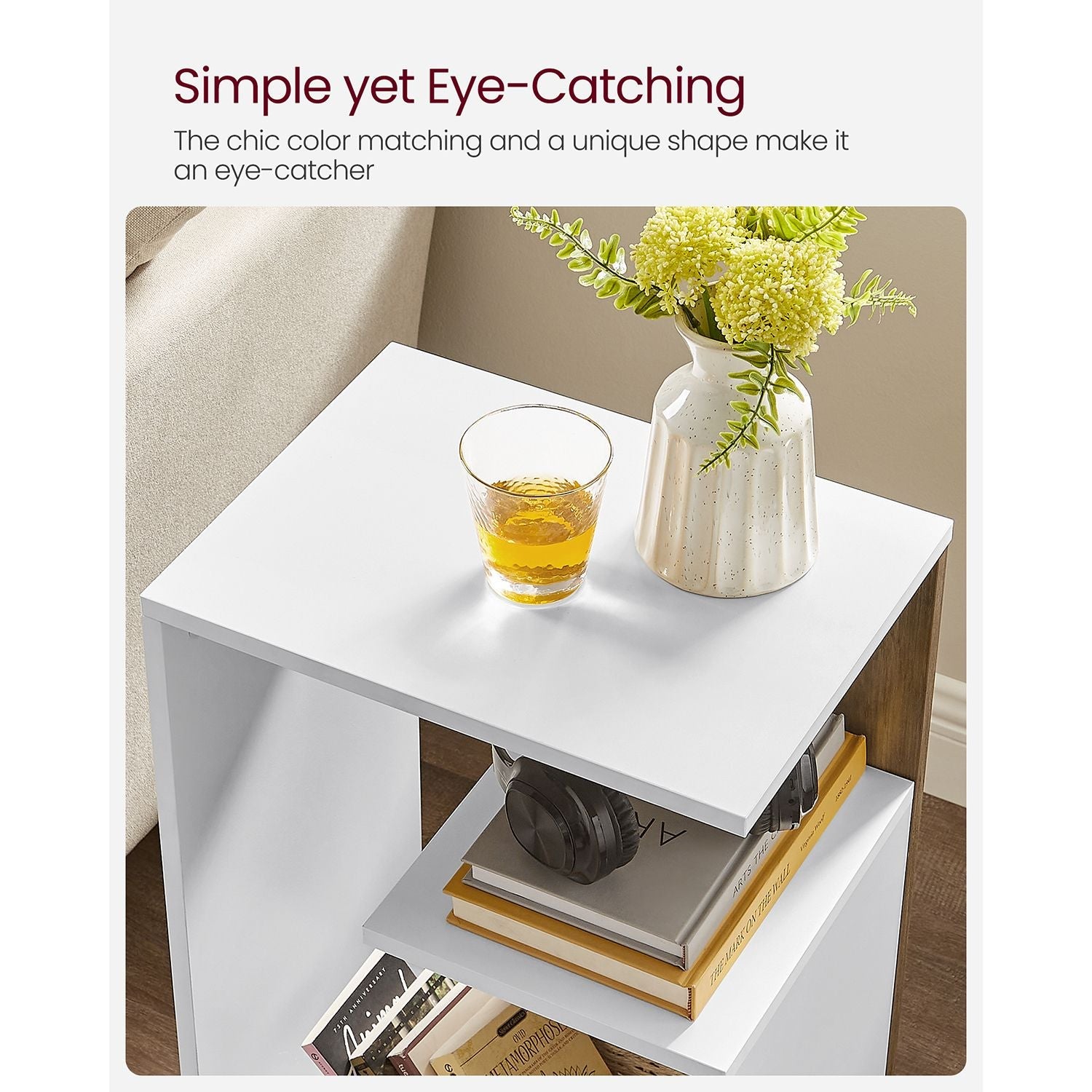 Side Table - Engineered Wood - Rustic Walnut and White - Versatile Open Storage