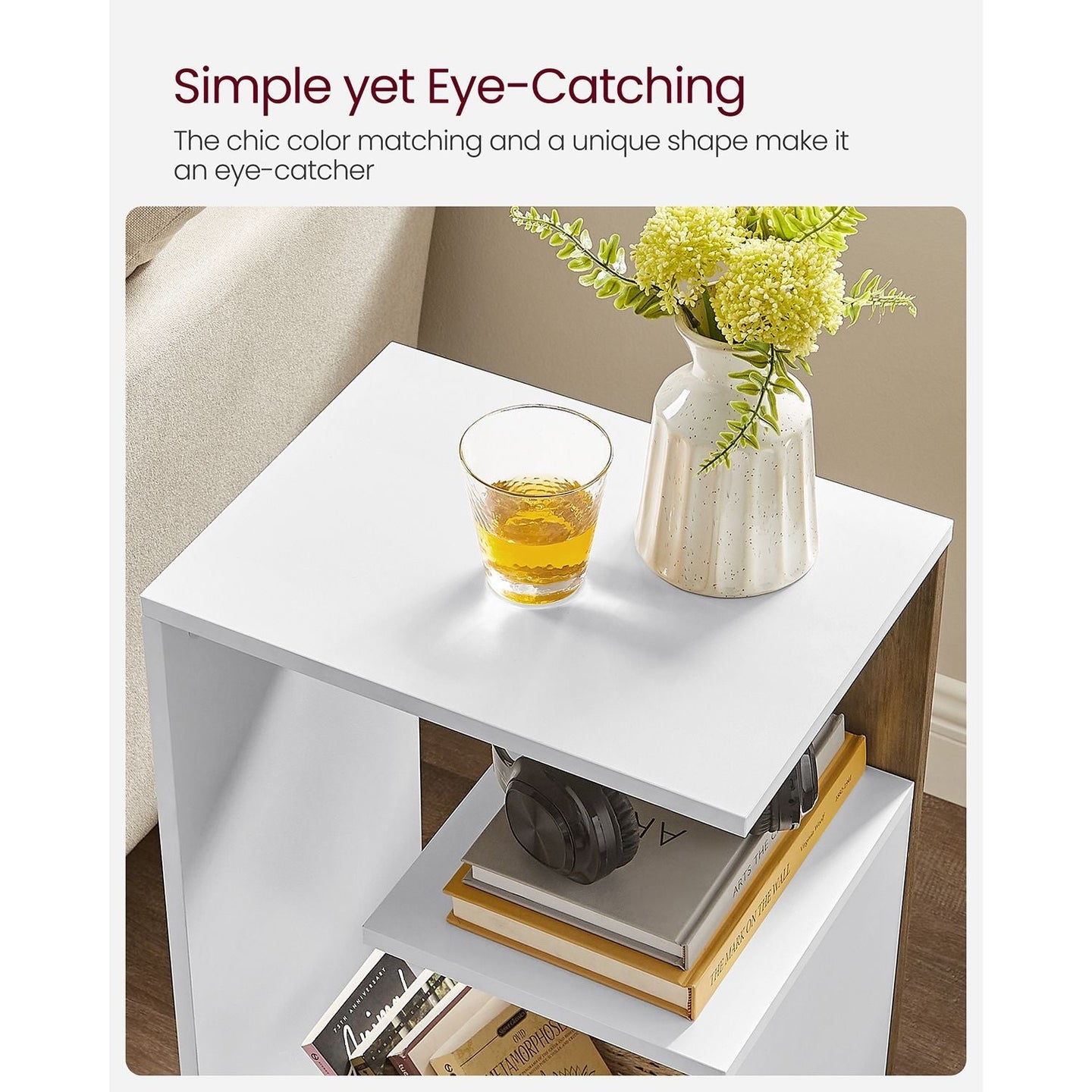 Side Table - Engineered Wood - Rustic Walnut and White - Versatile Open Storage