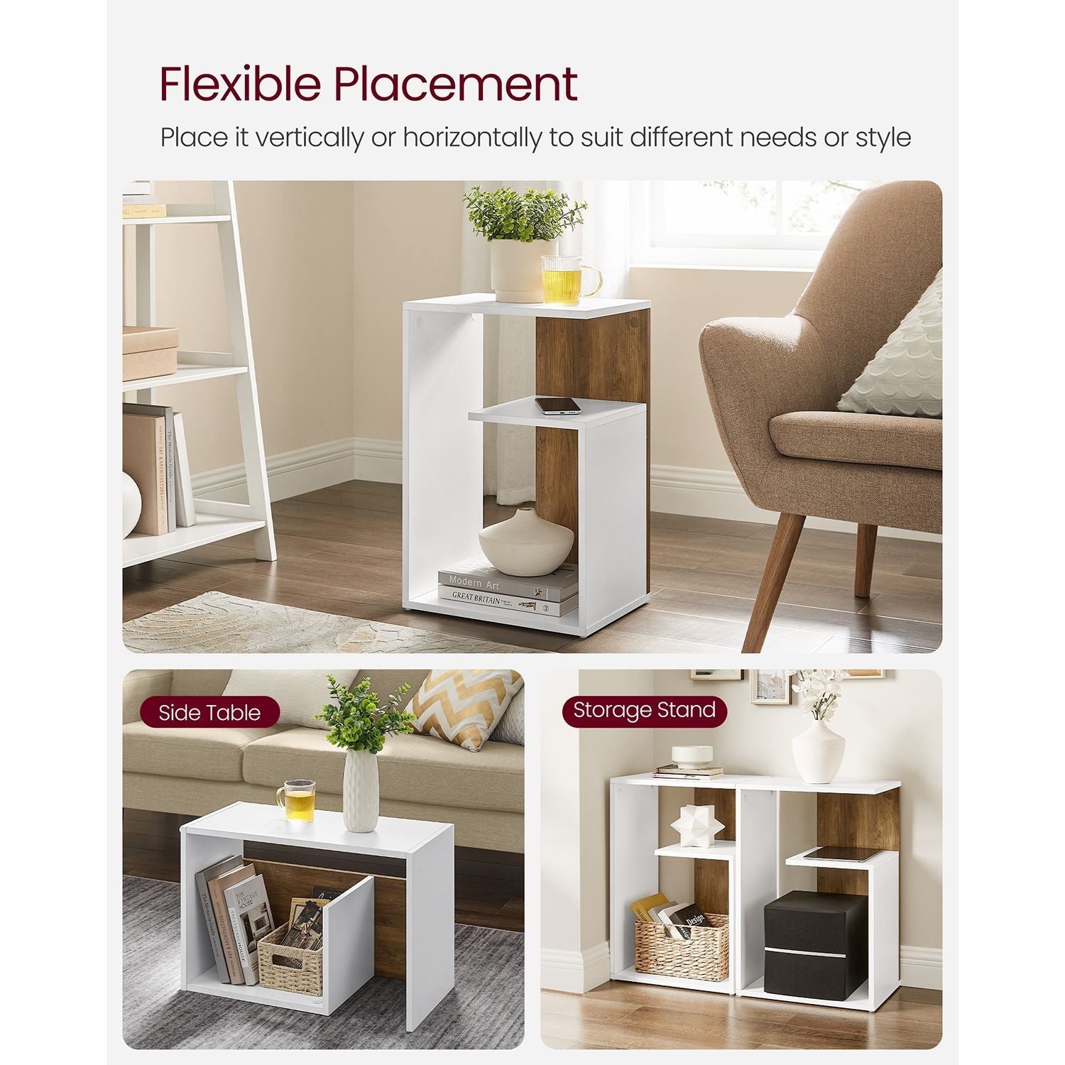 Side Table - Engineered Wood - Rustic Walnut and White - Versatile Open Storage