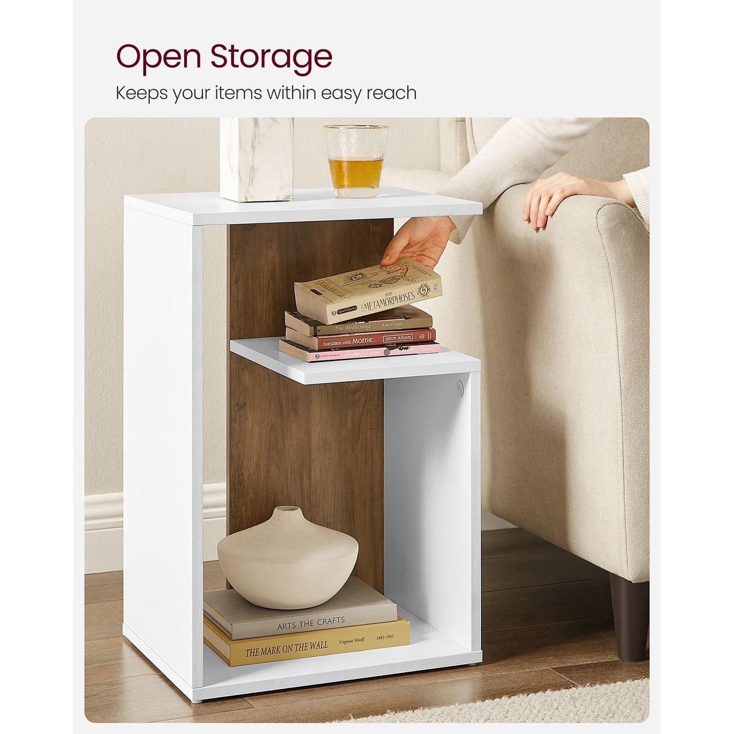 Side Table - Engineered Wood - Rustic Walnut and White - Versatile Open Storage
