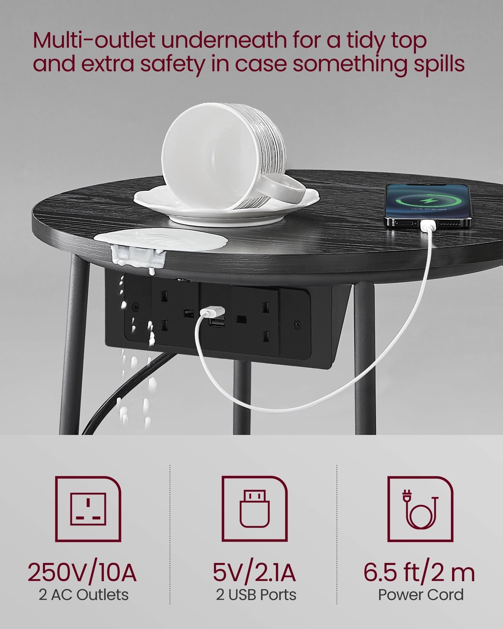 Round Side Table - Wood - Ebony Black - With Charging Station and USB Ports