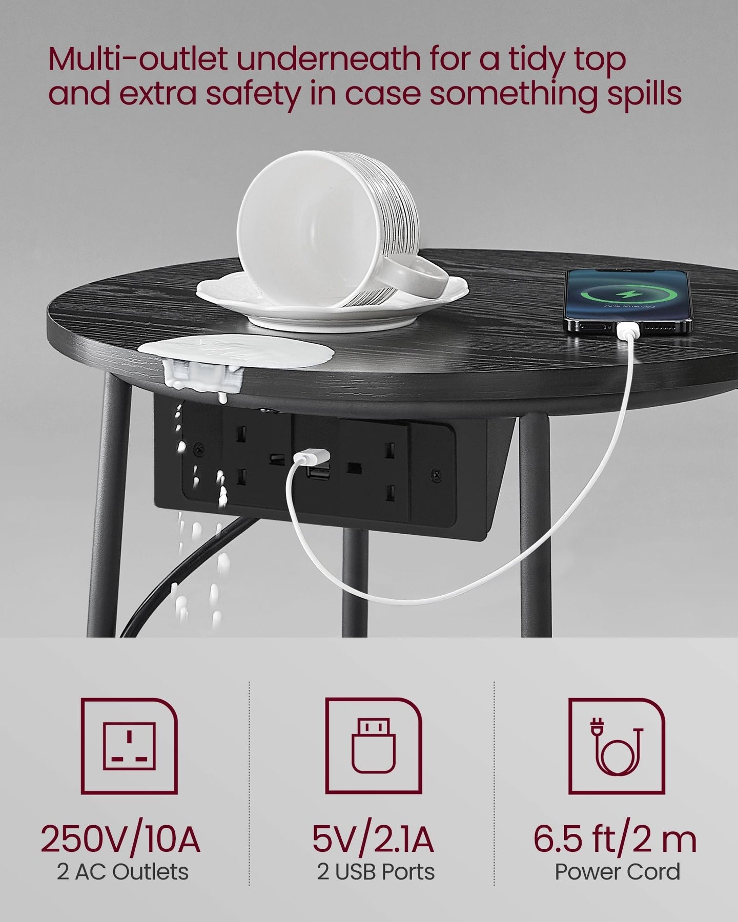 Round Side Table - Wood - Ebony Black - With Charging Station and USB Ports