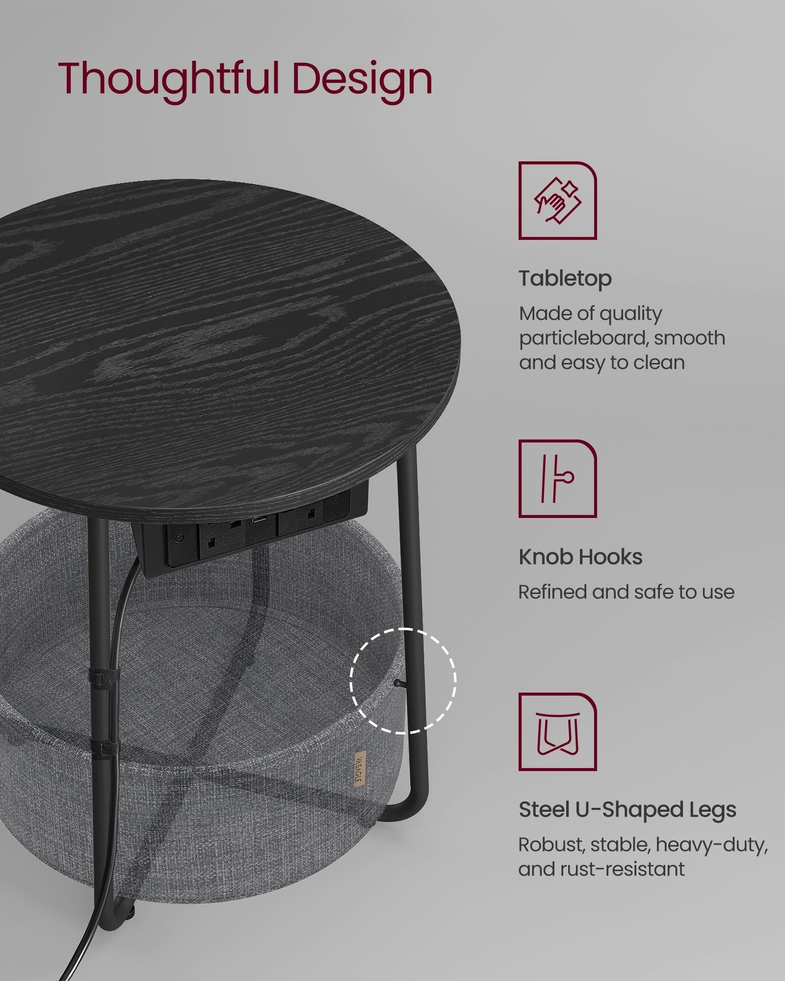 Round Side Table - Wood - Ebony Black - With Charging Station and USB Ports