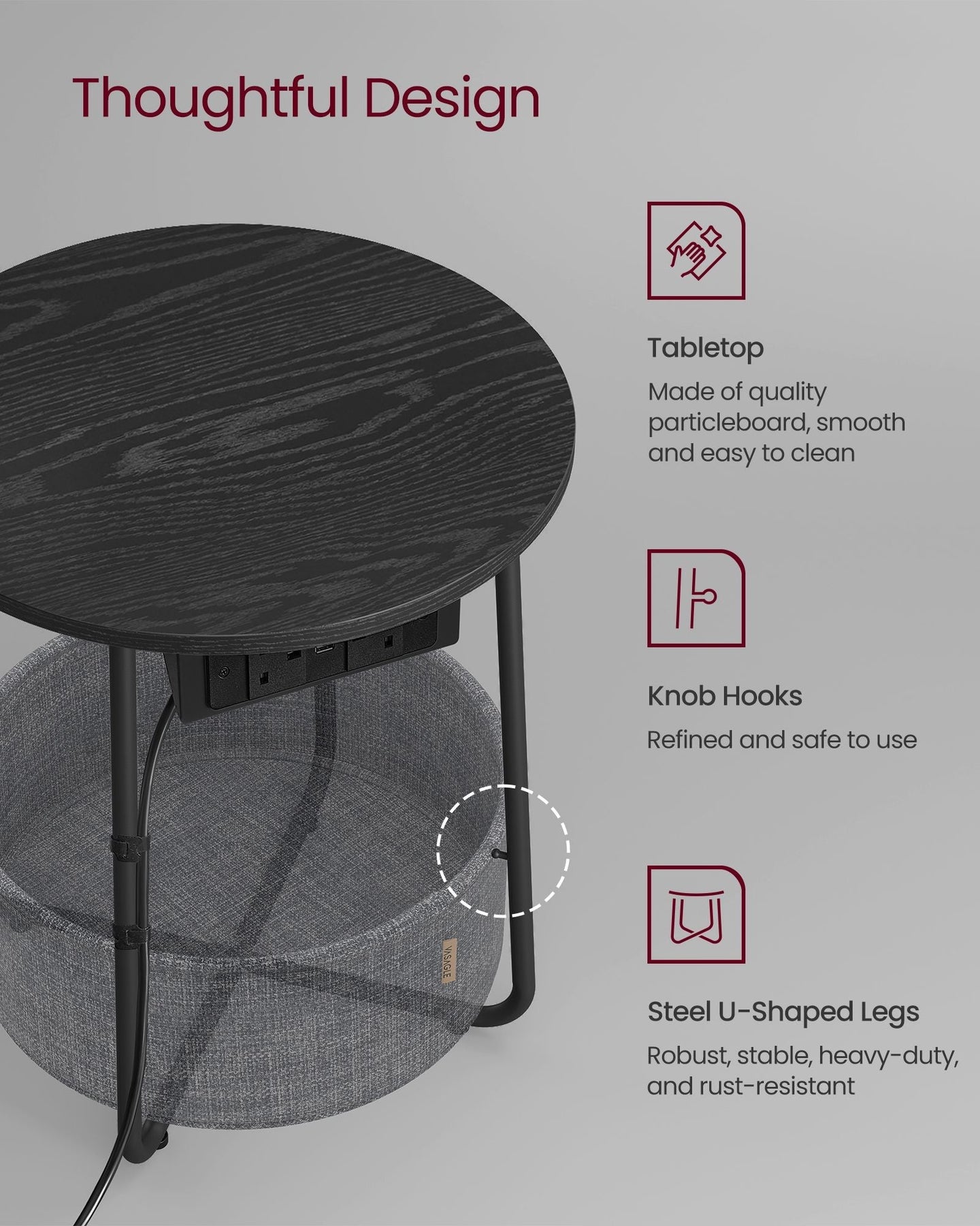 Round Side Table - Wood - Ebony Black - With Charging Station and USB Ports