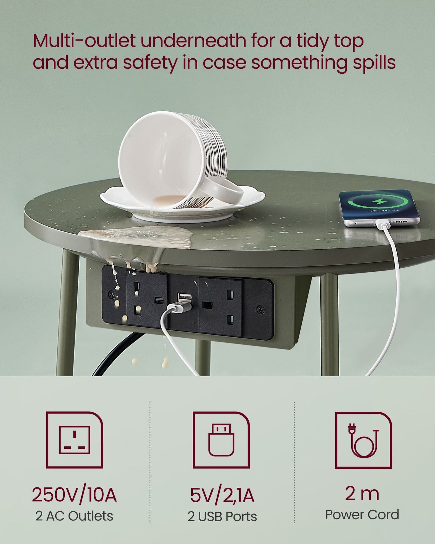 Round Side Table - Wood - Forest Green - With Charging Station and USB Ports