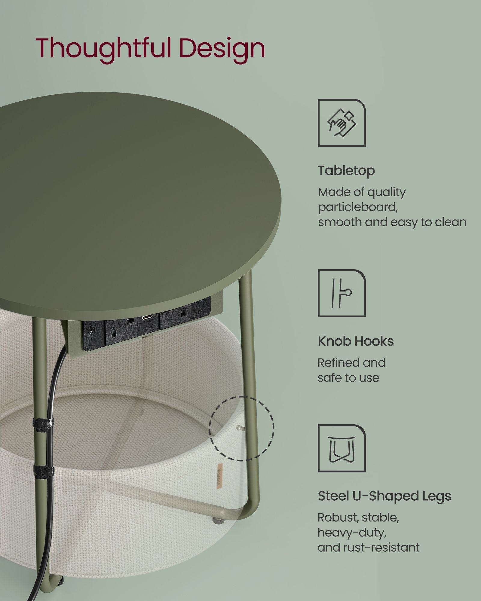 Round Side Table - Wood - Forest Green - With Charging Station and USB Ports