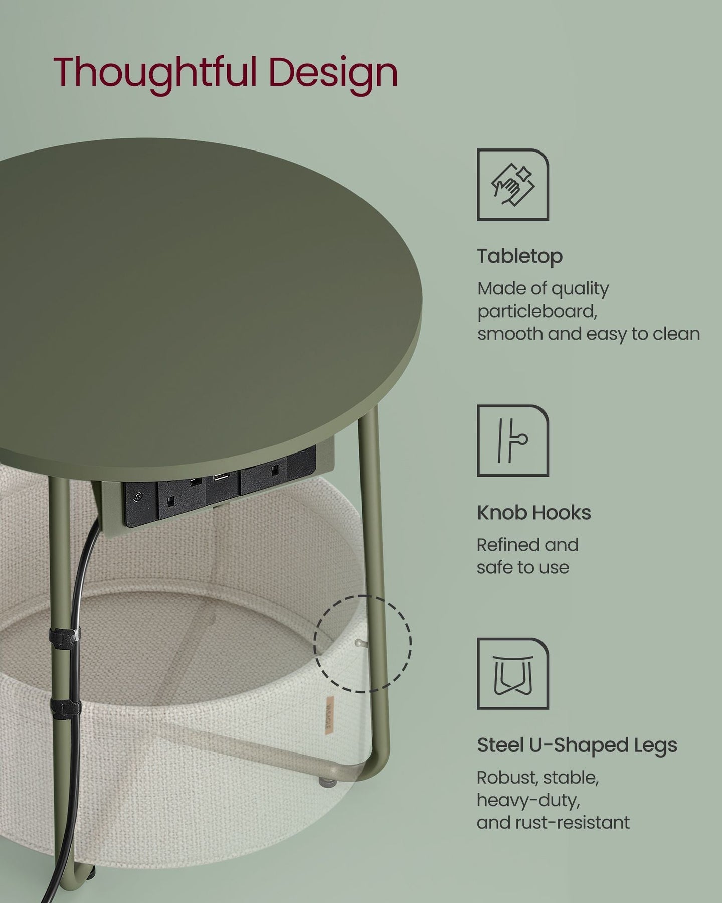 Round Side Table - Wood - Forest Green - With Charging Station and USB Ports