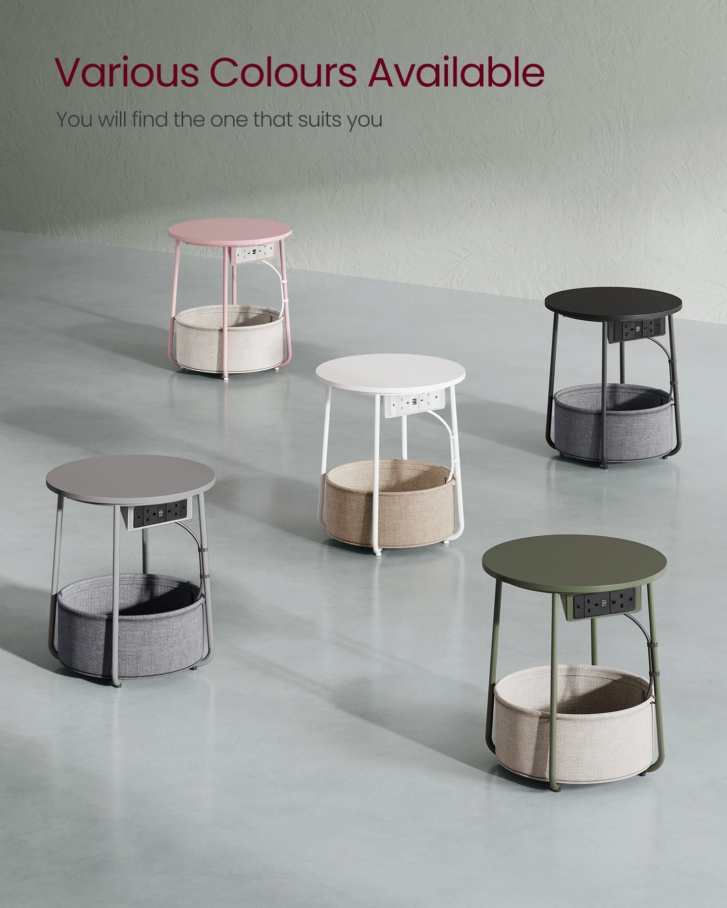 Round Side Table - Wood - Forest Green - With Charging Station and USB Ports