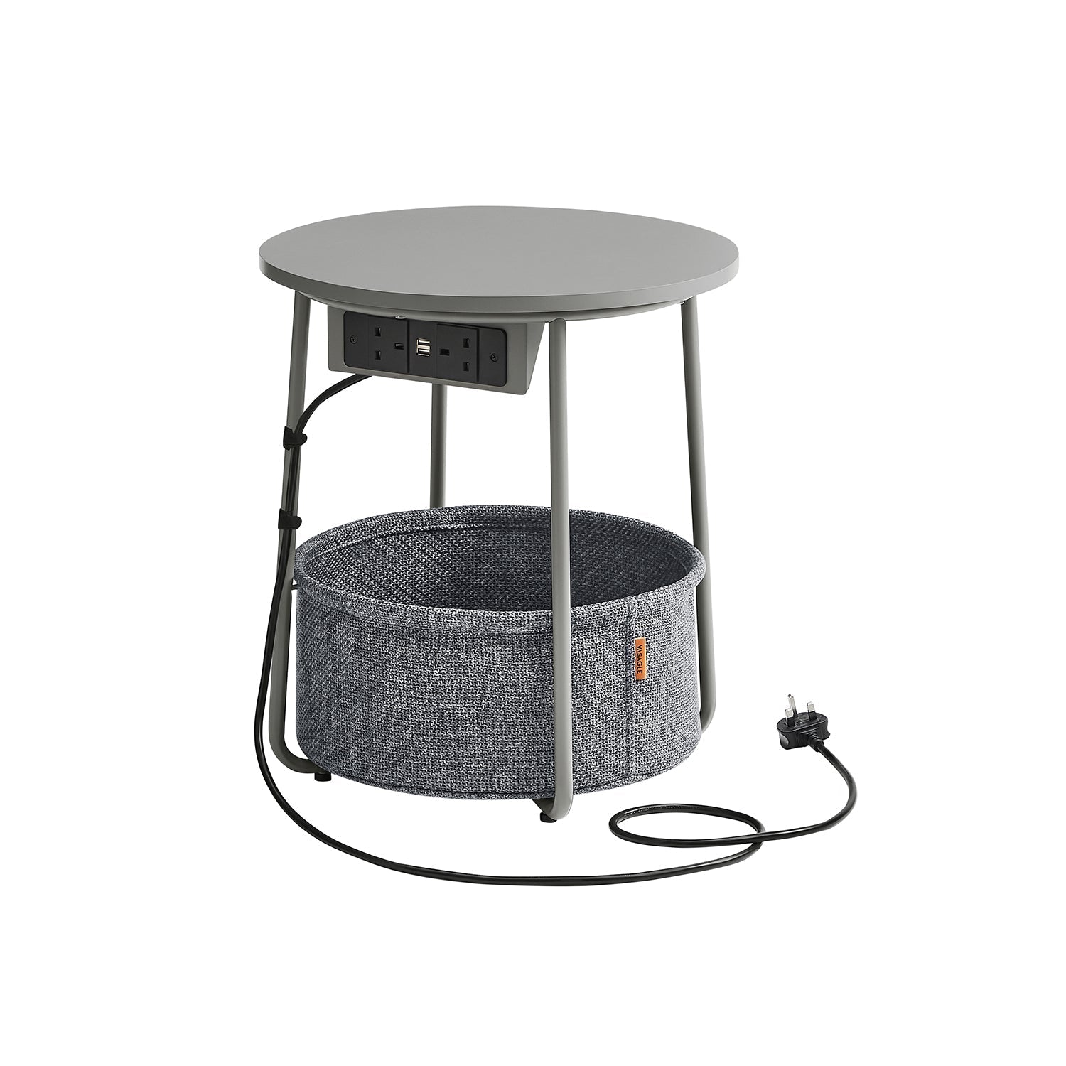 Round Side Table - Fabric - Dove Grey and Slate Grey - With Charging Station and USB Ports
