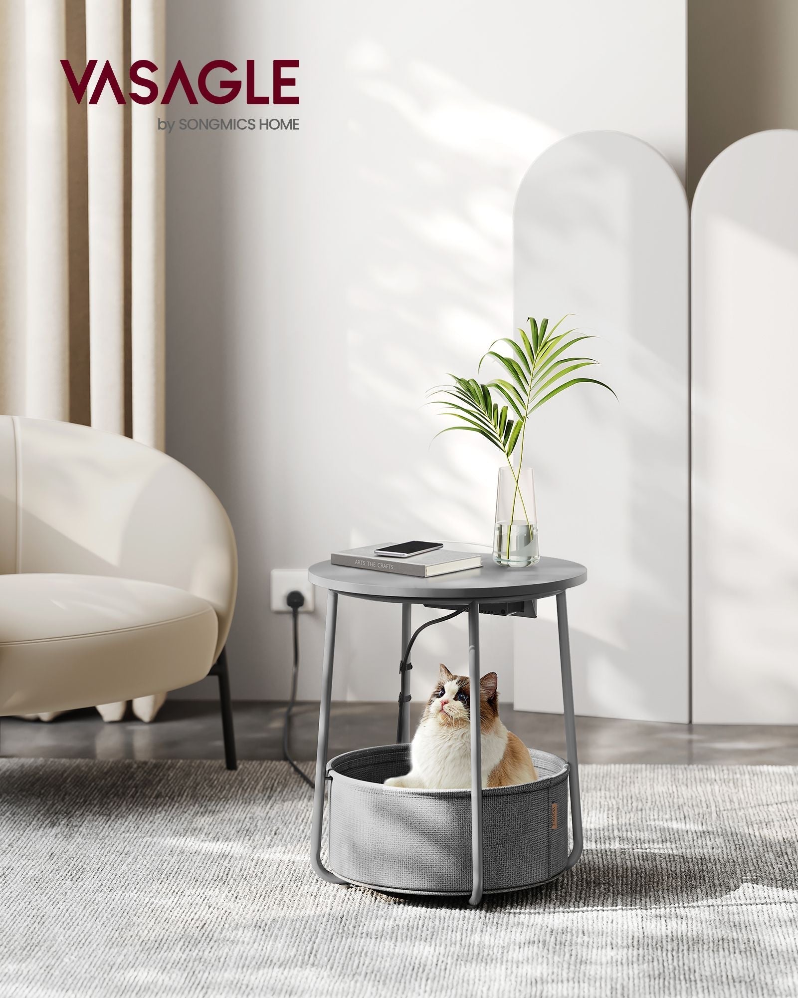 Round Side Table - Wood - Grey - With Fabric Basket and Charging Station