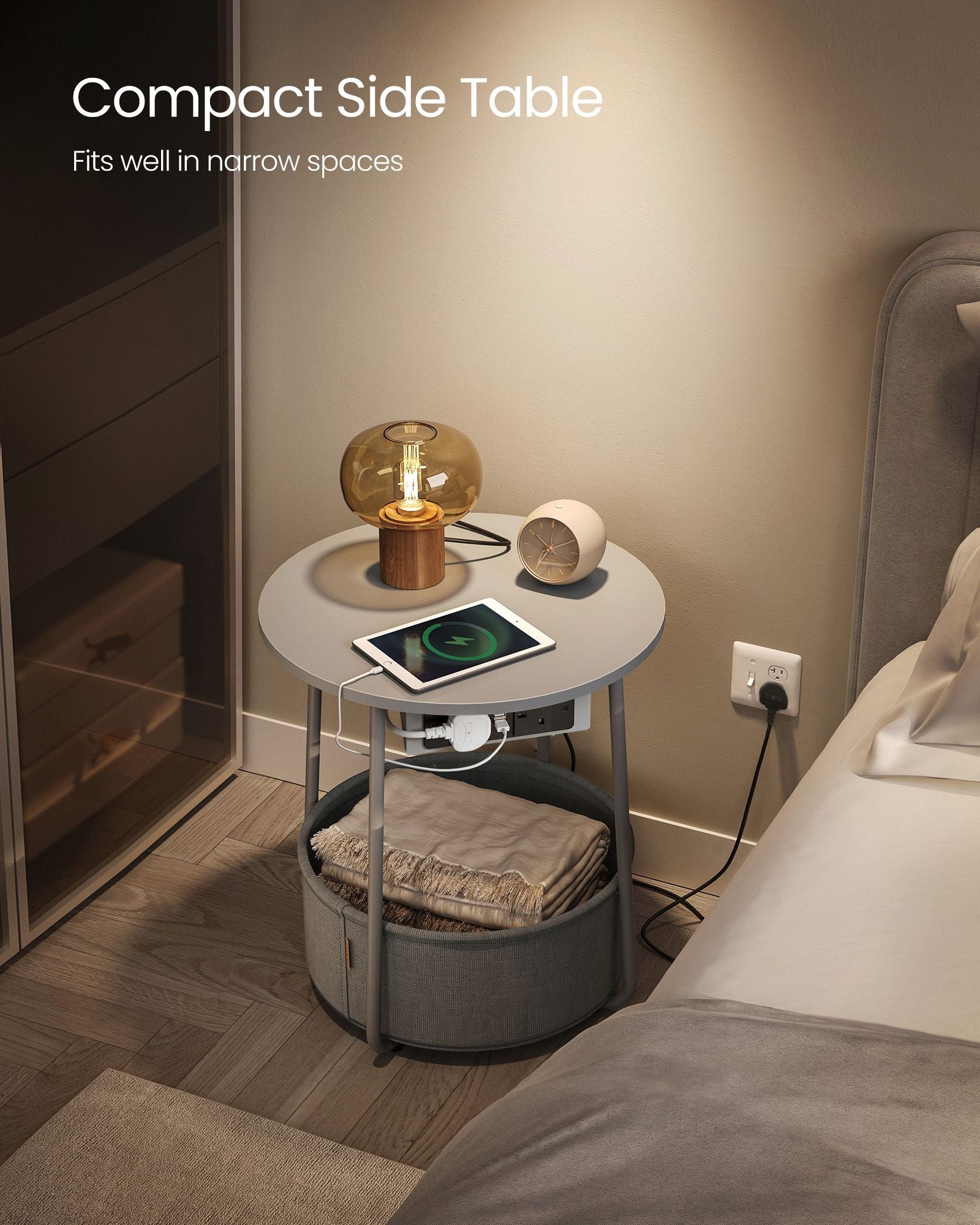 Round Side Table - Wood - Grey - With Fabric Basket and Charging Station