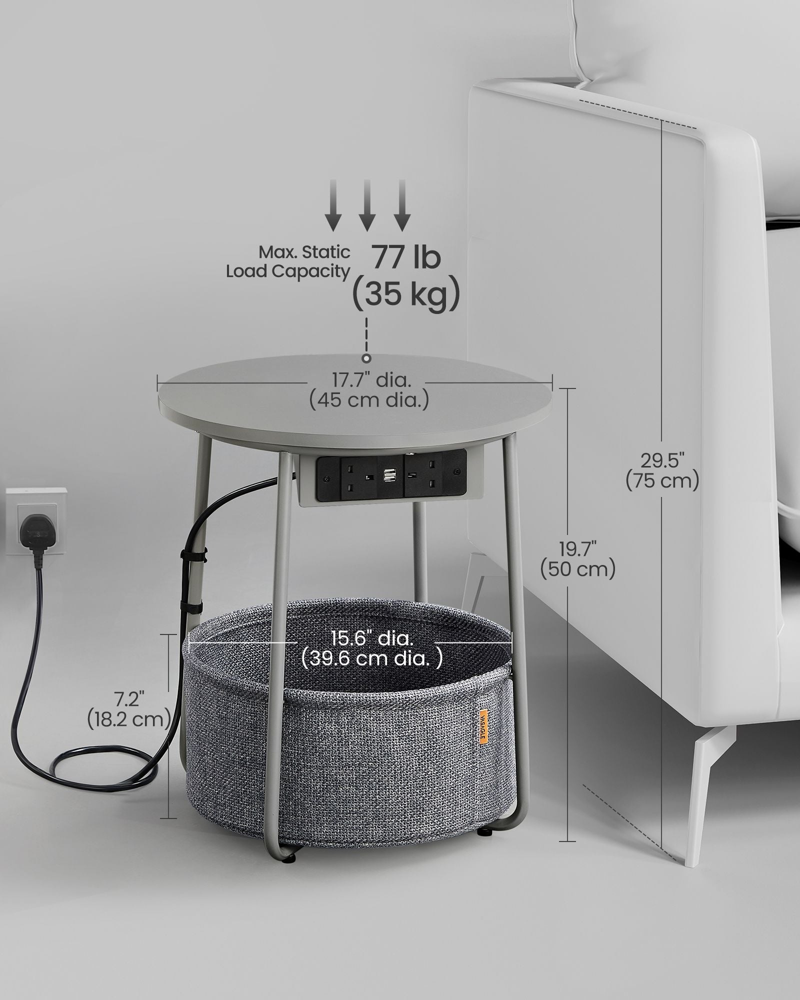 Round Side Table - Fabric - Dove Grey and Slate Grey - With Charging Station and USB Ports