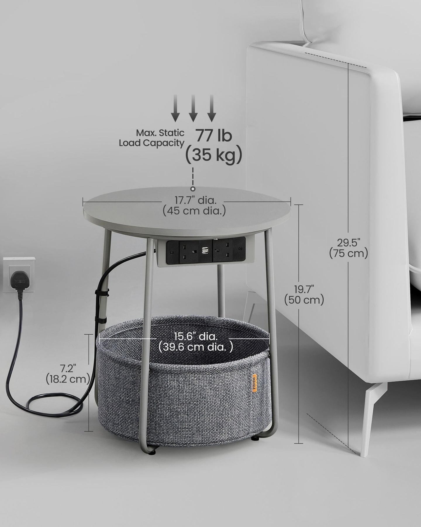Round Side Table - Fabric - Dove Grey and Slate Grey - With Charging Station and USB Ports