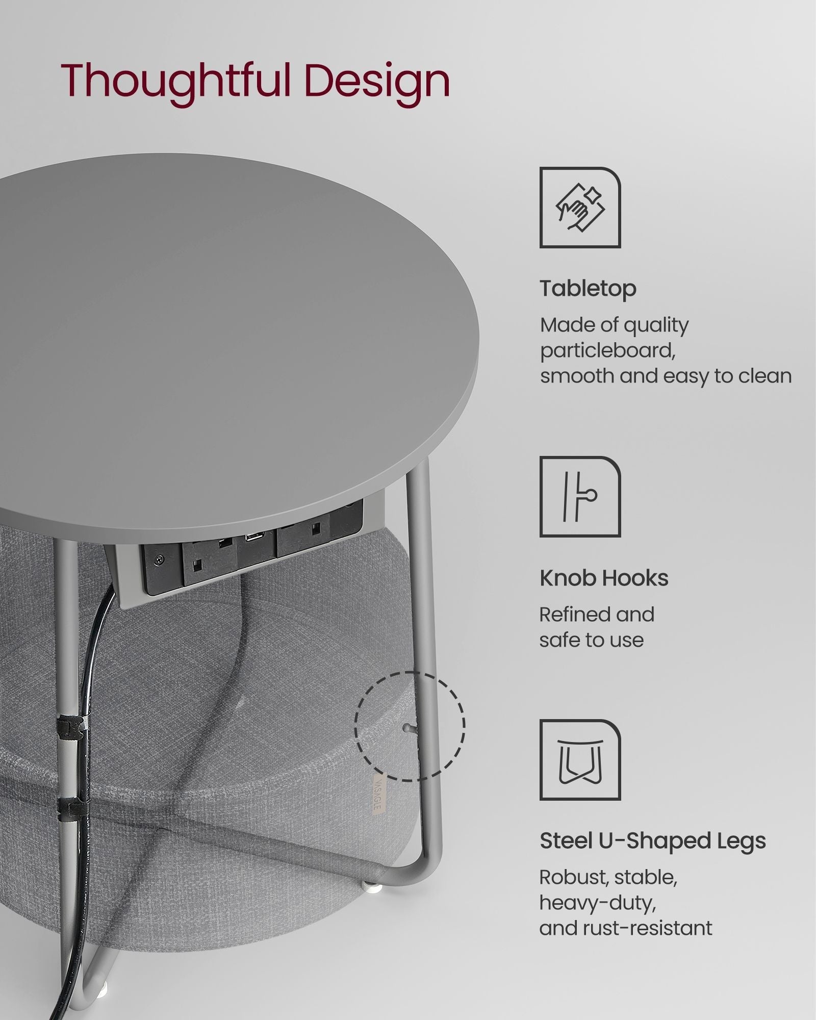 Round Side Table - Fabric - Dove Grey and Slate Grey - With Charging Station and USB Ports