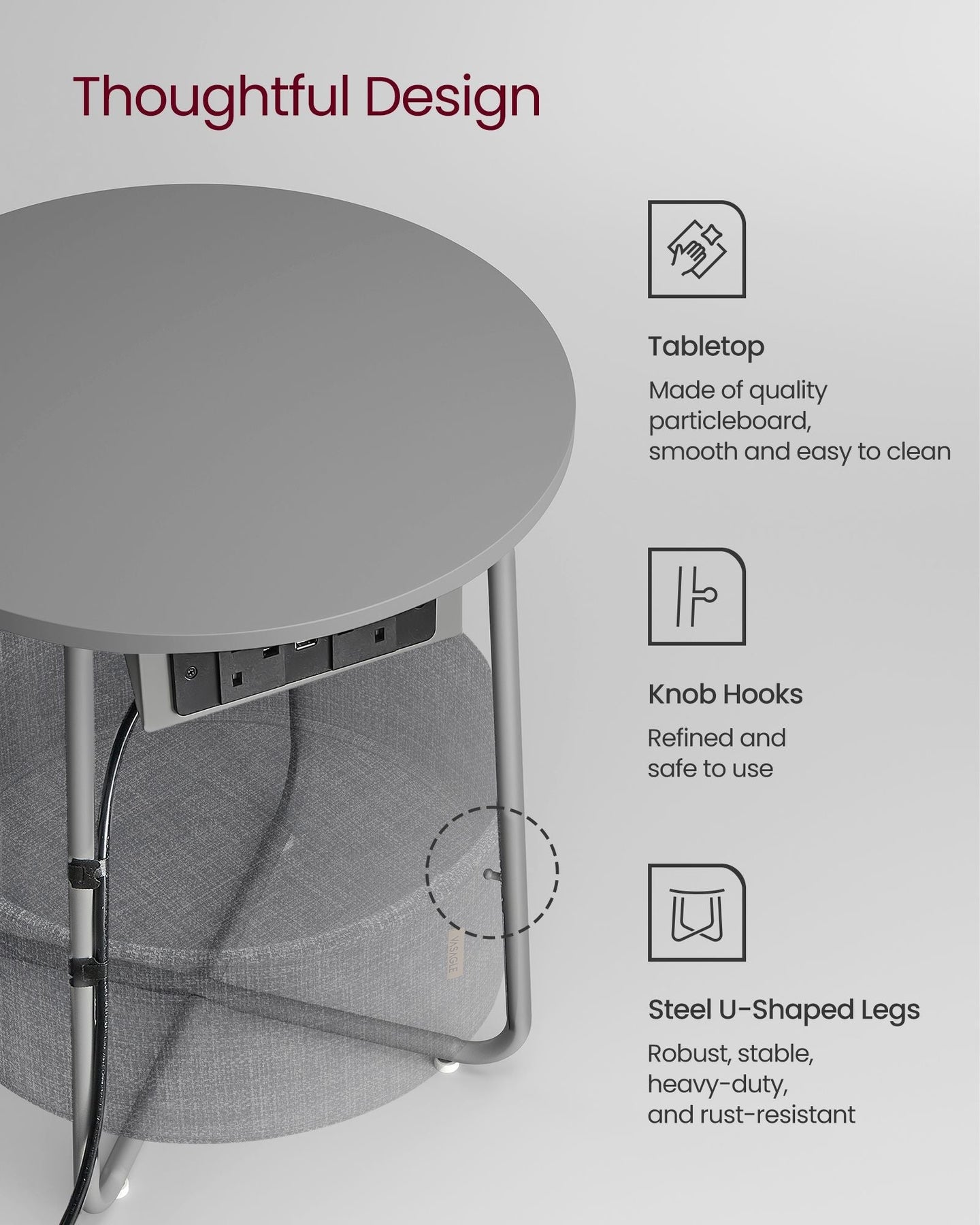 Round Side Table - Fabric - Dove Grey and Slate Grey - With Charging Station and USB Ports
