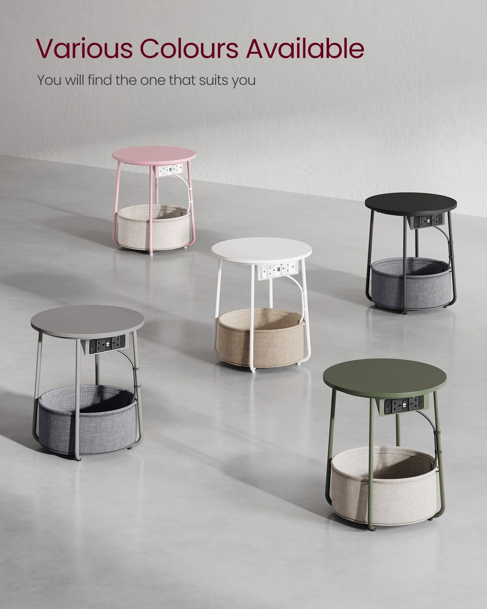 Round Side Table - Fabric - Dove Grey and Slate Grey - With Charging Station and USB Ports