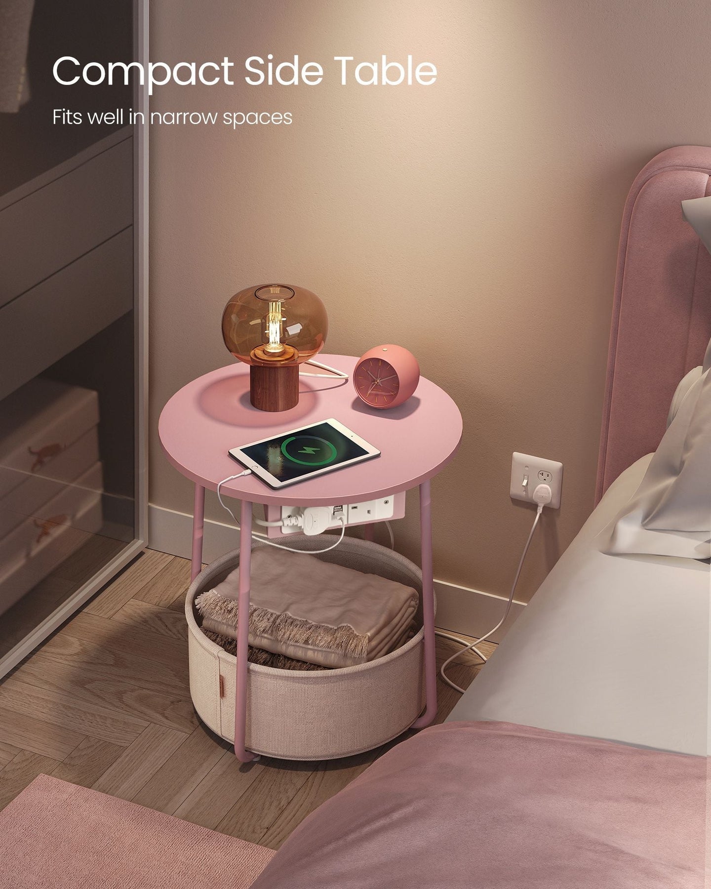 Round Side Table - Fabric - Jelly Pink - With Charging Station and USB Ports