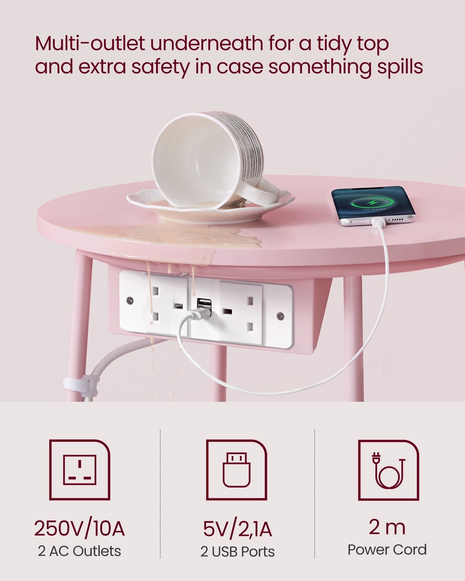 Round Side Table - Fabric - Jelly Pink - With Charging Station and USB Ports