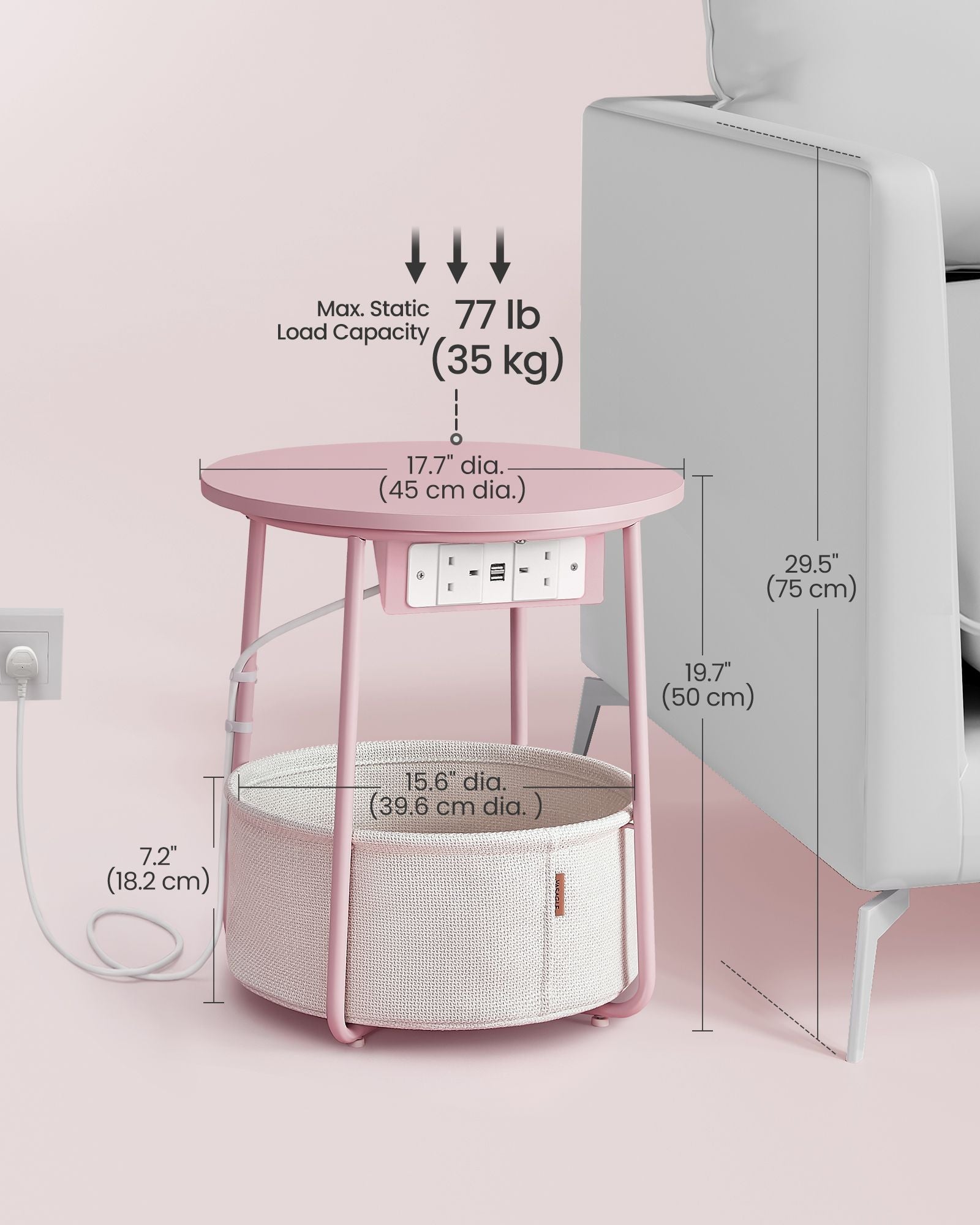 Round Side Table - Fabric - Jelly Pink - With Charging Station and USB Ports