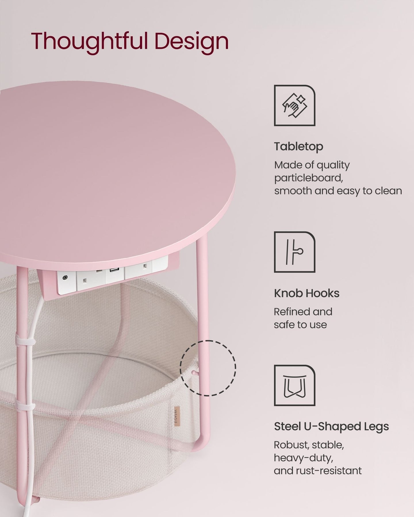 Round Side Table - Fabric - Jelly Pink - With Charging Station and USB Ports