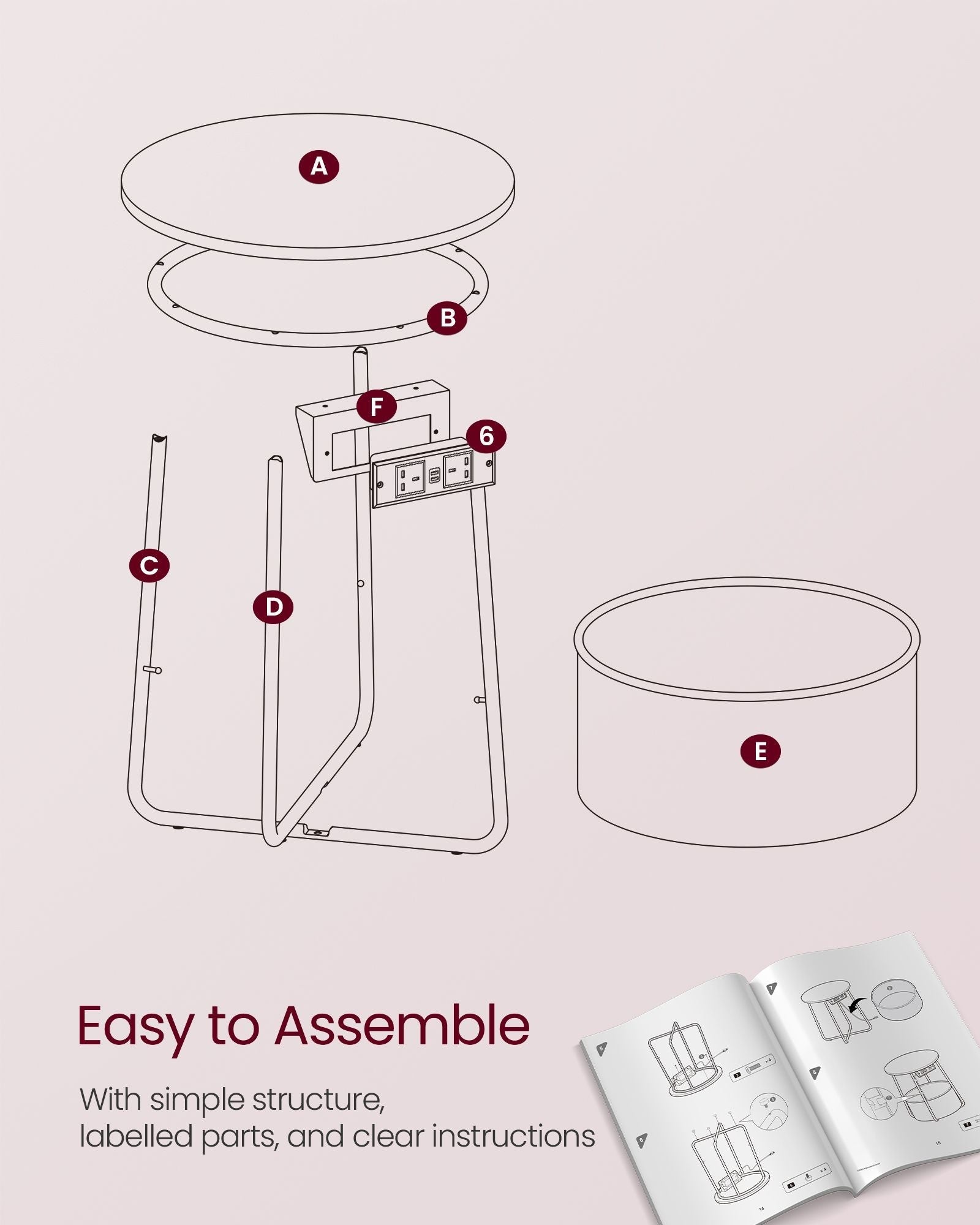 Round Side Table - Fabric - Jelly Pink - With Charging Station and USB Ports