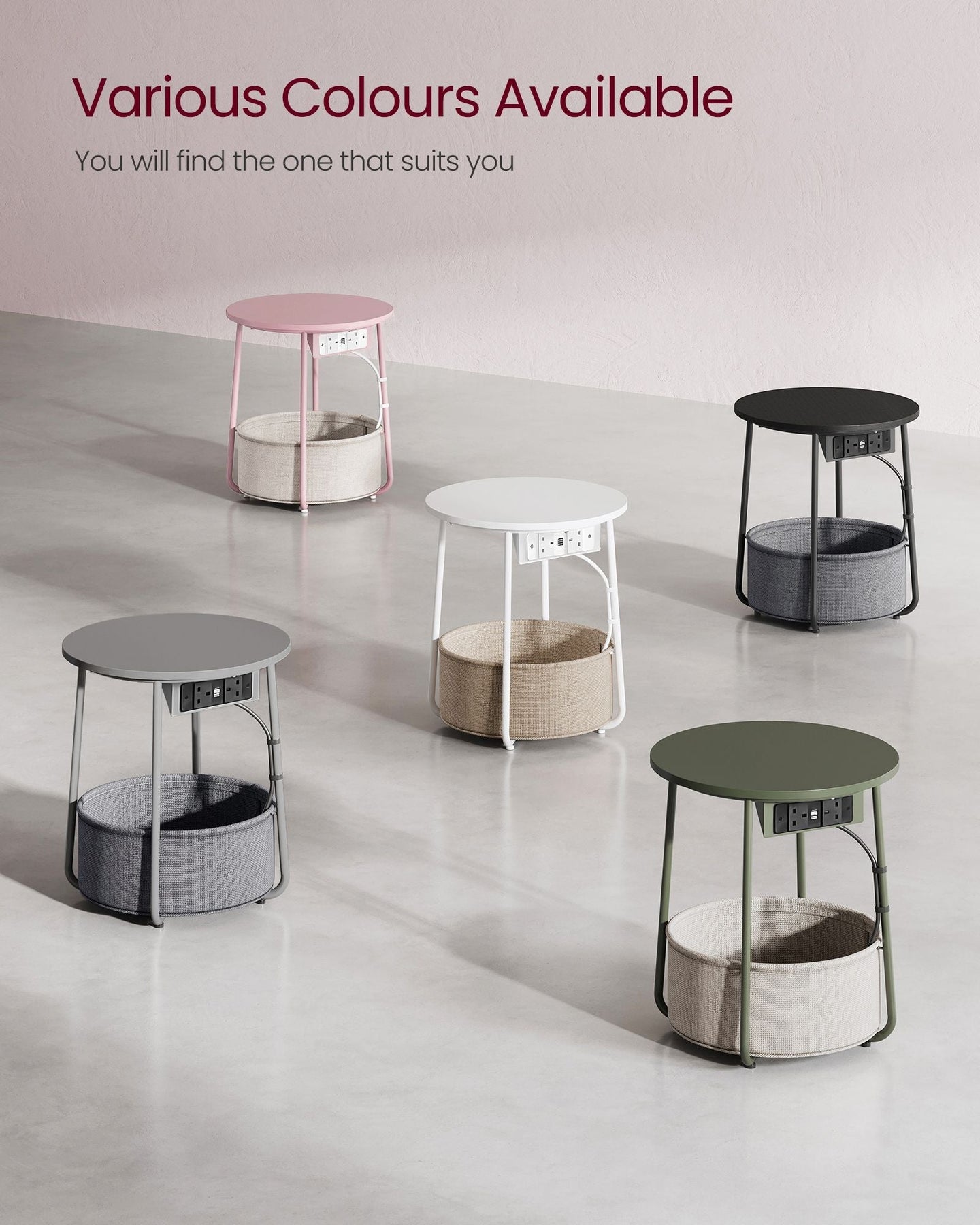 Round Side Table - Fabric - Jelly Pink - With Charging Station and USB Ports