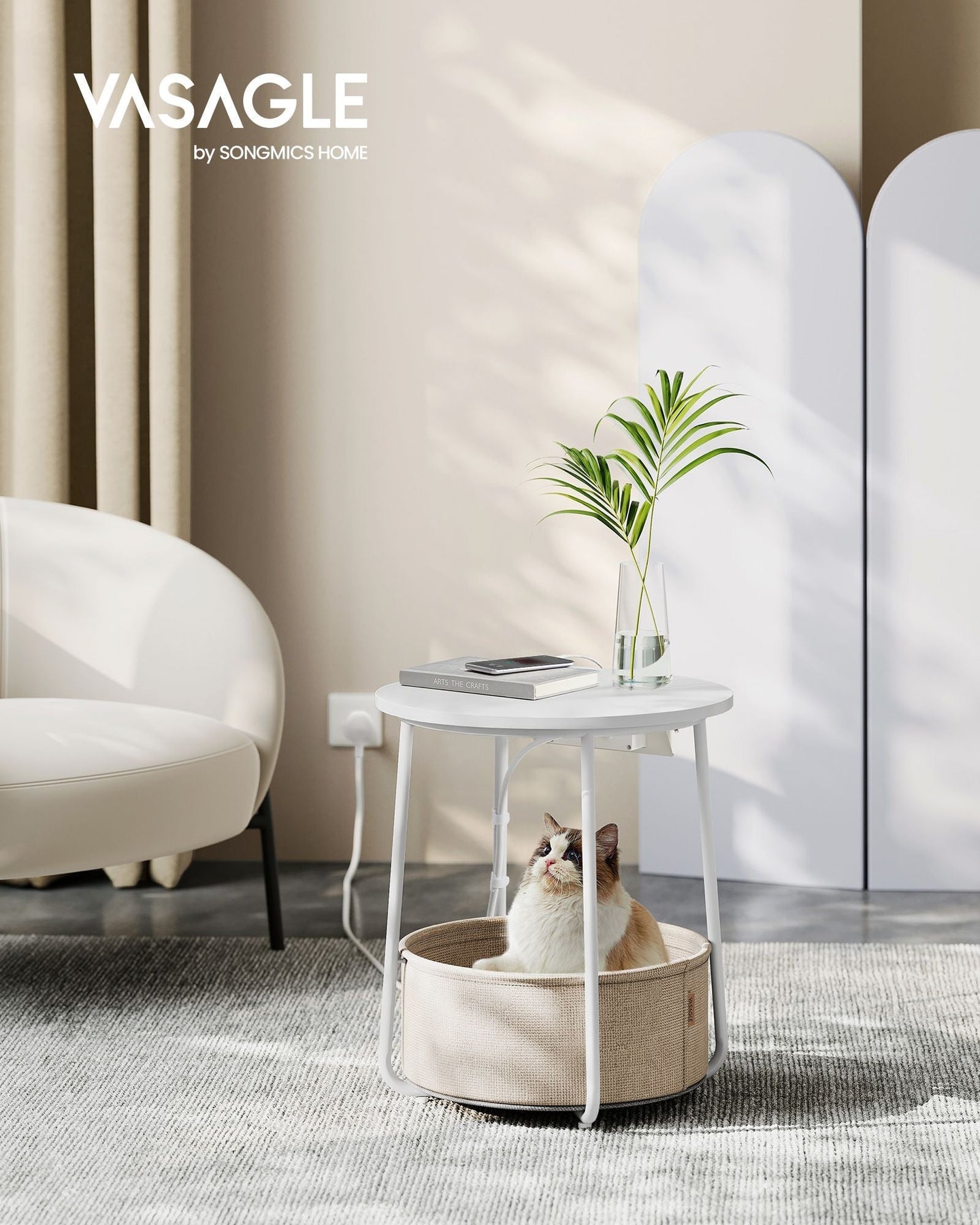 Round Side Table - Wood - White - Includes Power Outlets and USB Ports