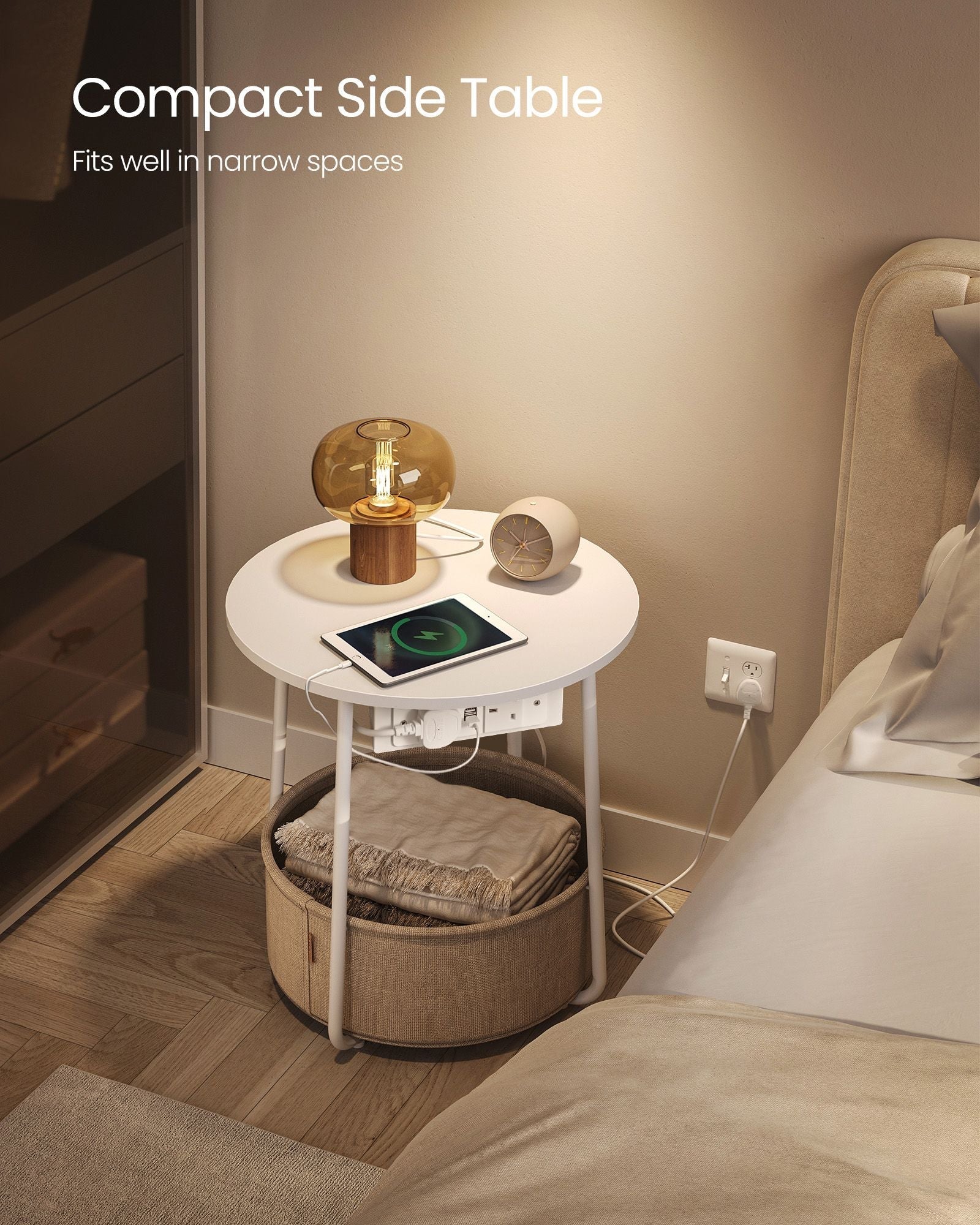 Round Side Table - Wood - White - Includes Power Outlets and USB Ports