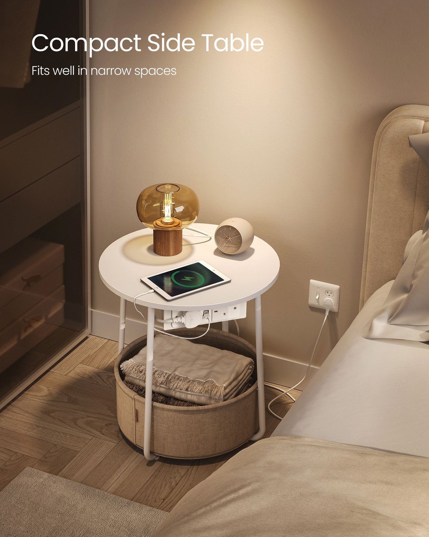 Side Table - Matte White - Round with Power Outlets and USB Ports