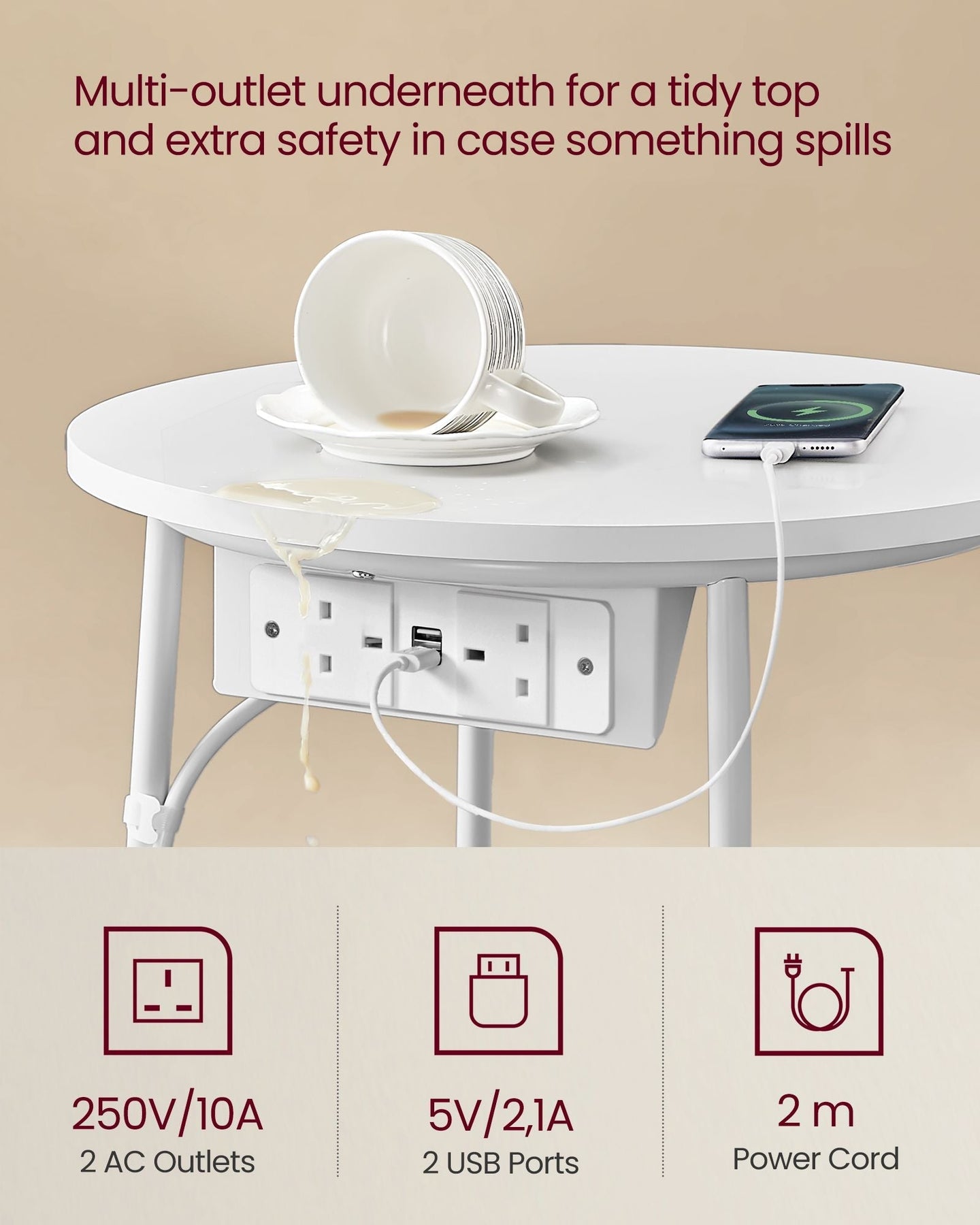 Side Table - Matte White - Round with Power Outlets and USB Ports