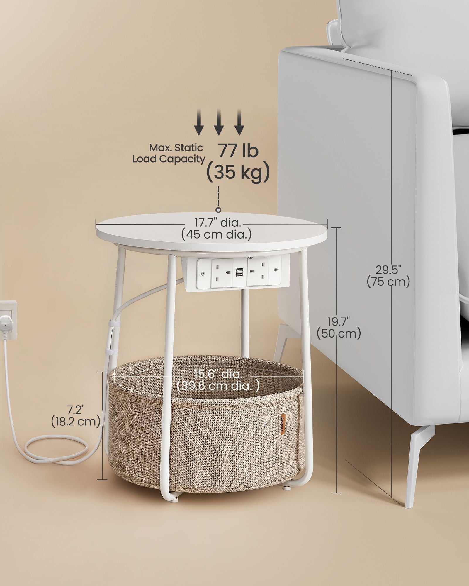 Side Table - Matte White - Round with Power Outlets and USB Ports