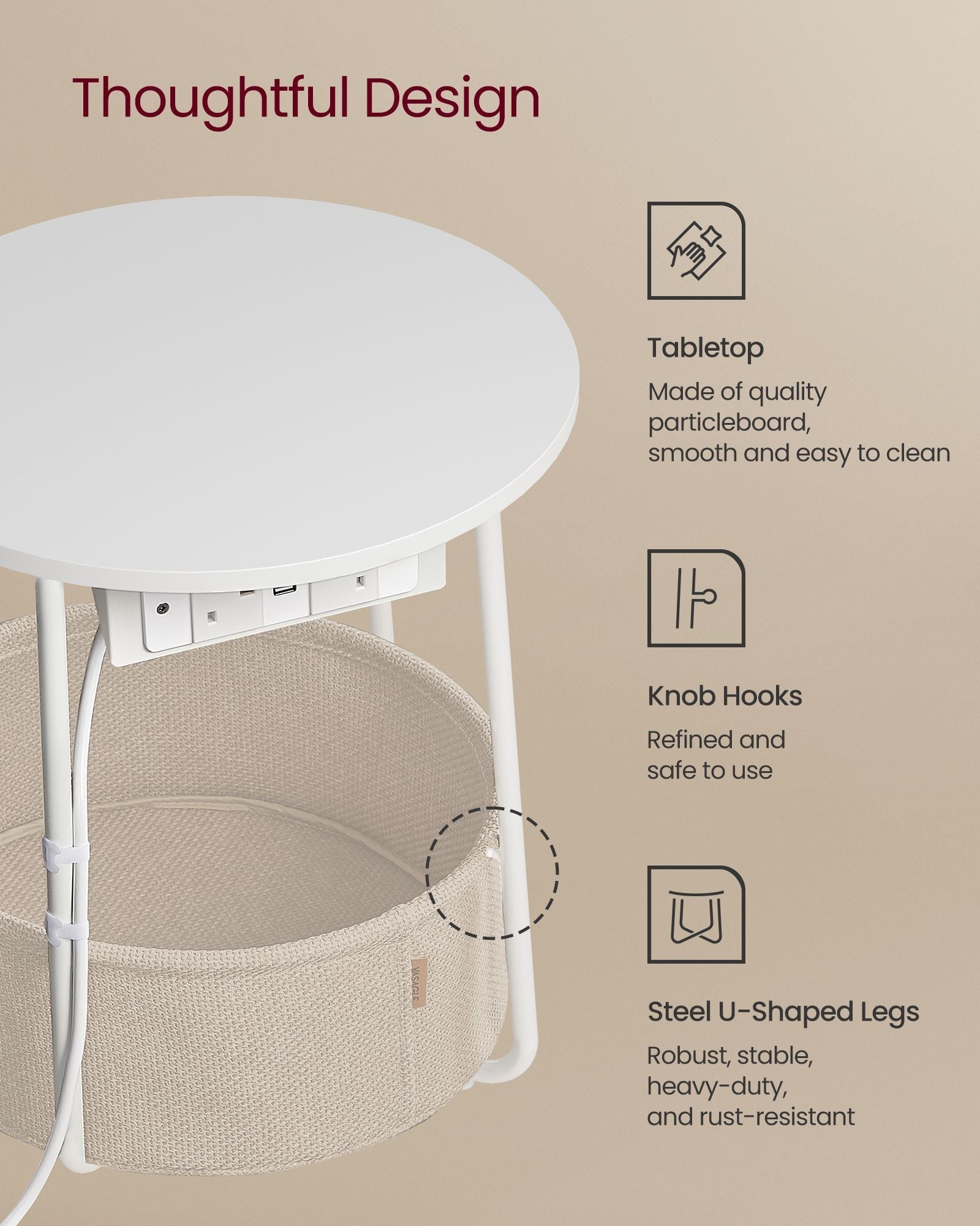 Round Side Table - Wood - White - Includes Power Outlets and USB Ports