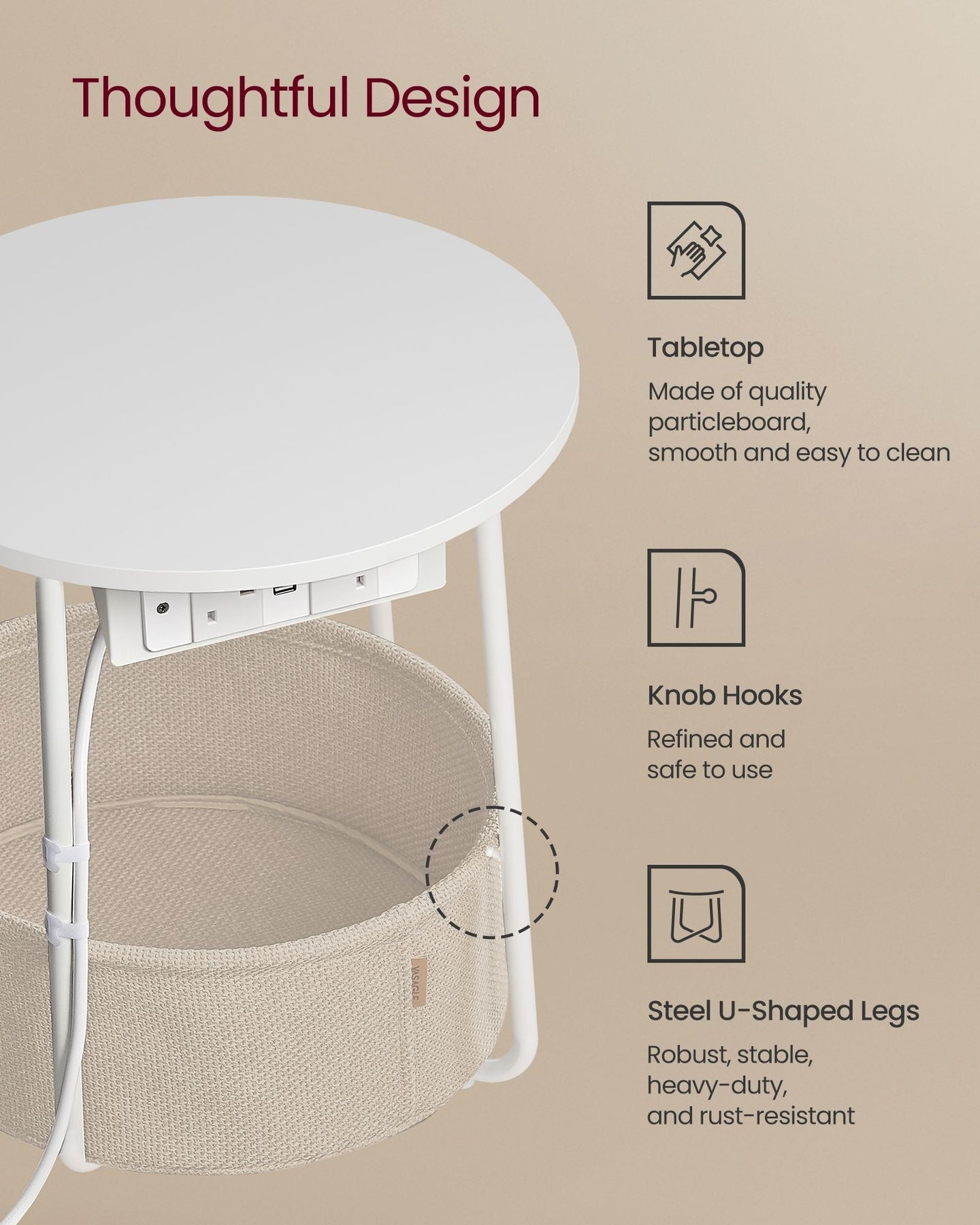 Round Side Table - Wood - White - Includes Power Outlets and USB Ports