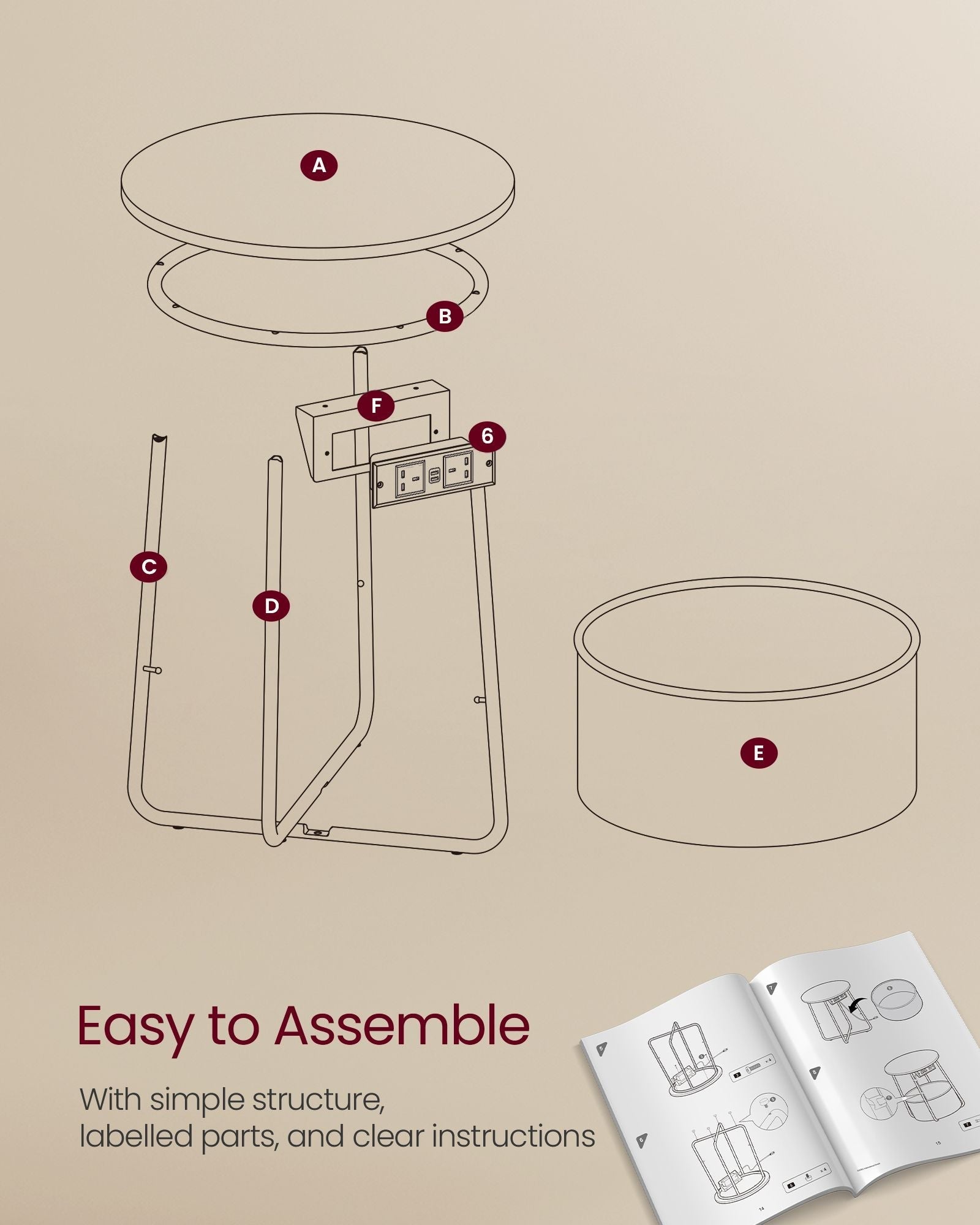 Side Table - Matte White - Round with Power Outlets and USB Ports