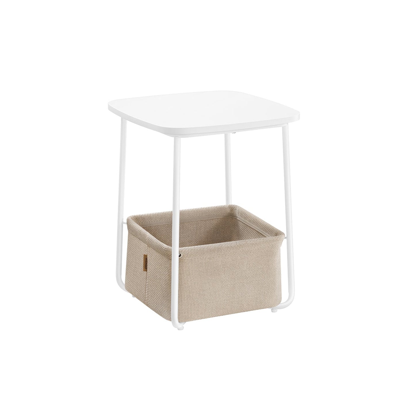 Square Side Table - With Fabric Basket - White and Camel Brown - Matte Finish