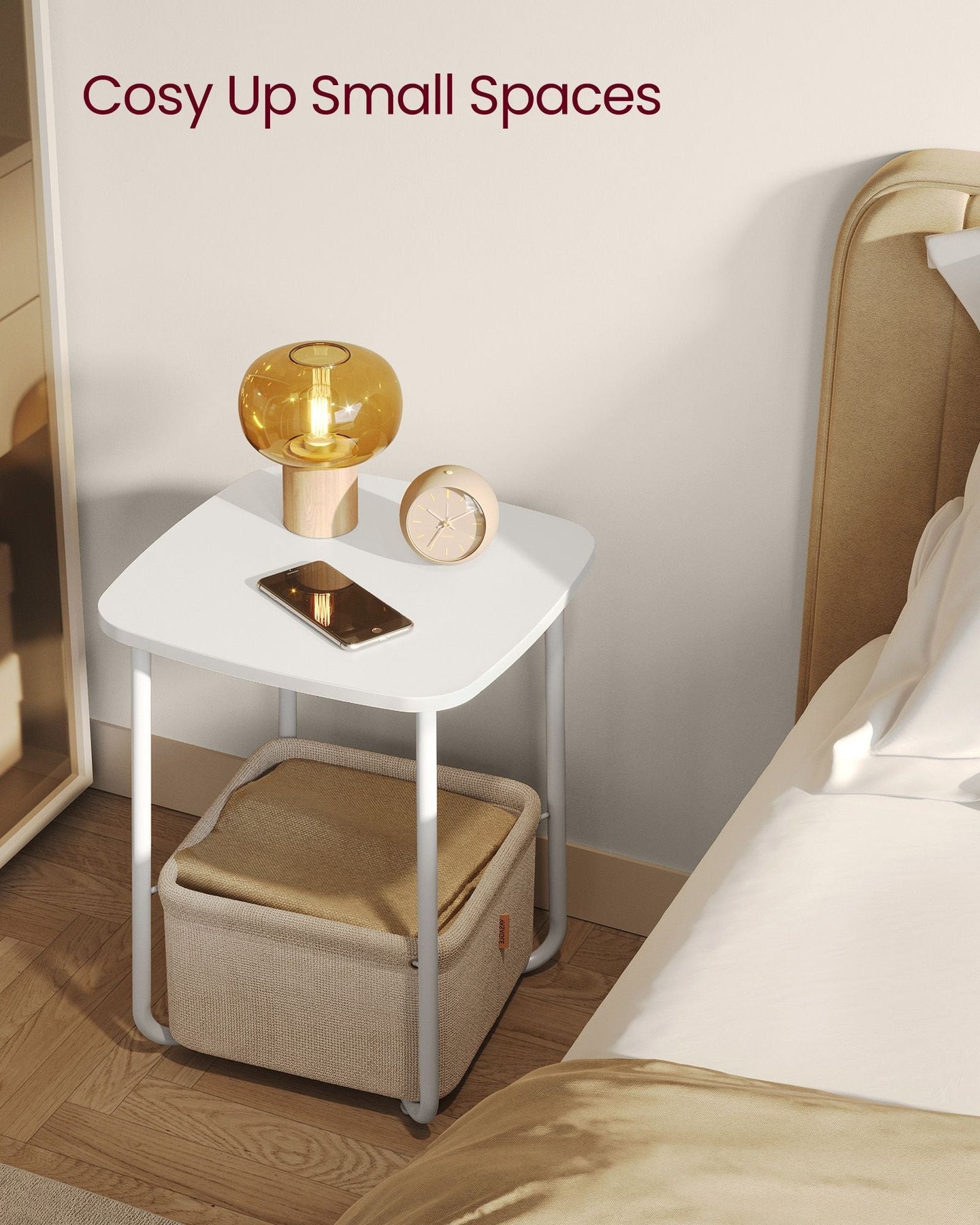 Square Side Table - With Fabric Basket - White and Camel Brown - Matte Finish