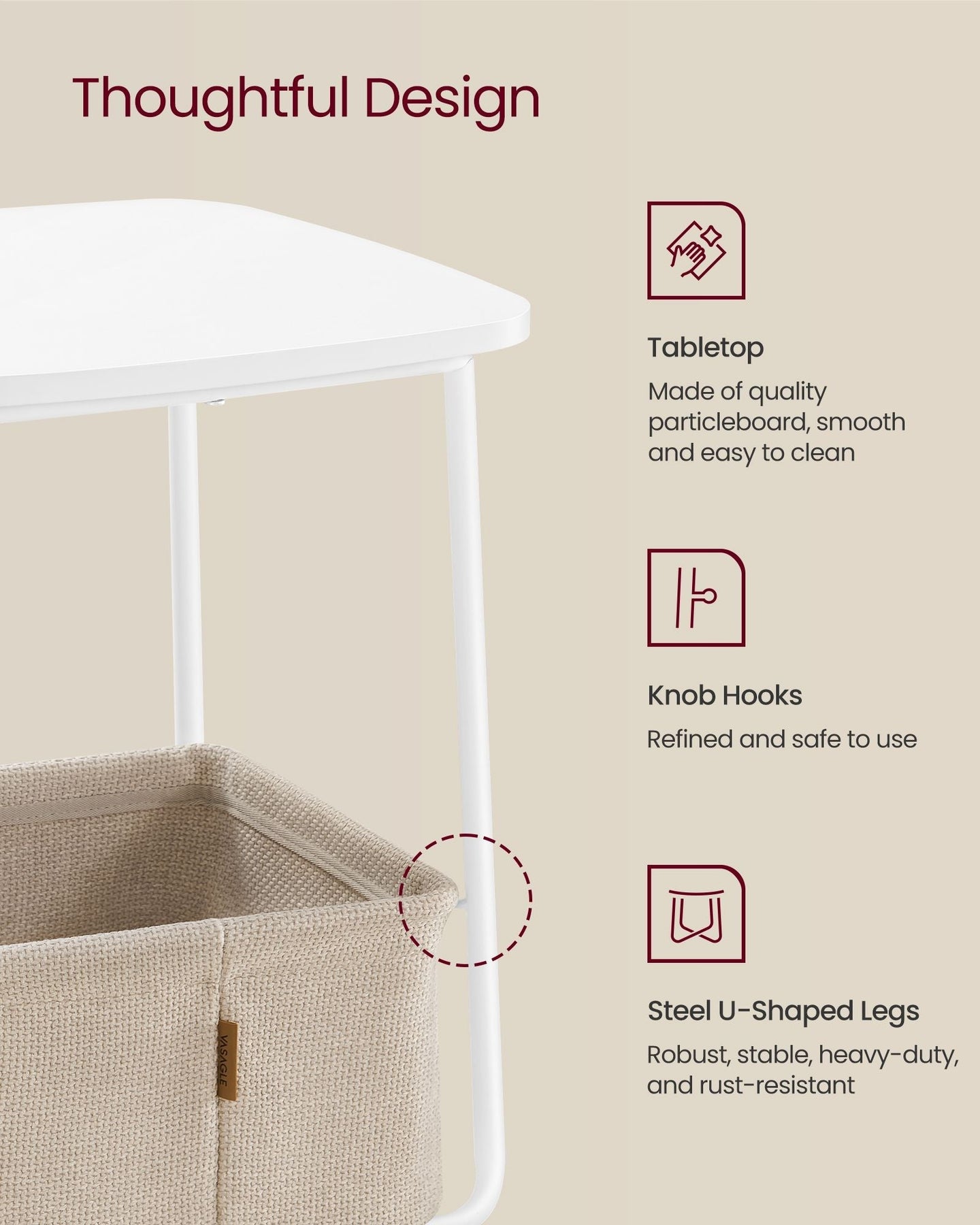 Square Side Table - With Fabric Basket - White and Camel Brown - Matte Finish