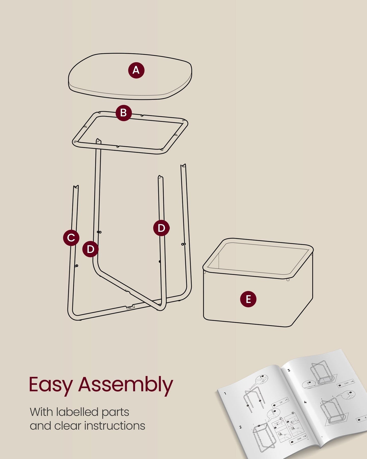 Square Side Table - With Fabric Basket - White and Camel Brown - Matte Finish