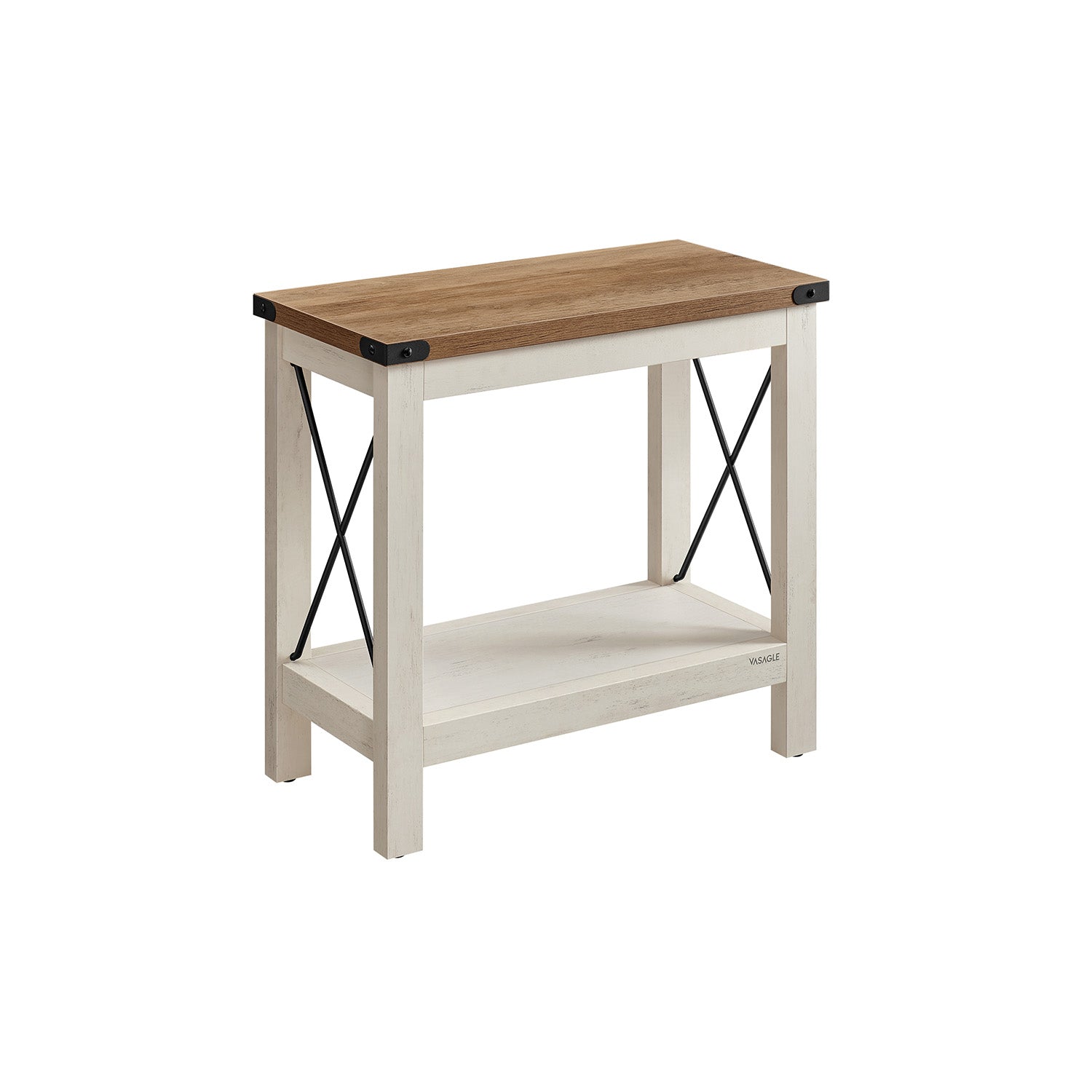 2-Tier Side Table - Wood - Rustic White - Bottom Shelf for Small Spaces