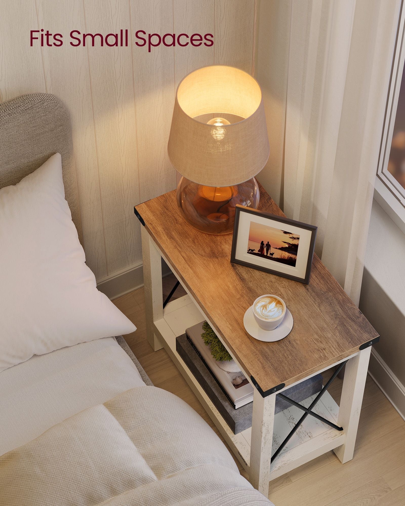 2-Tier Side Table - Wood - Rustic White - Bottom Shelf for Small Spaces