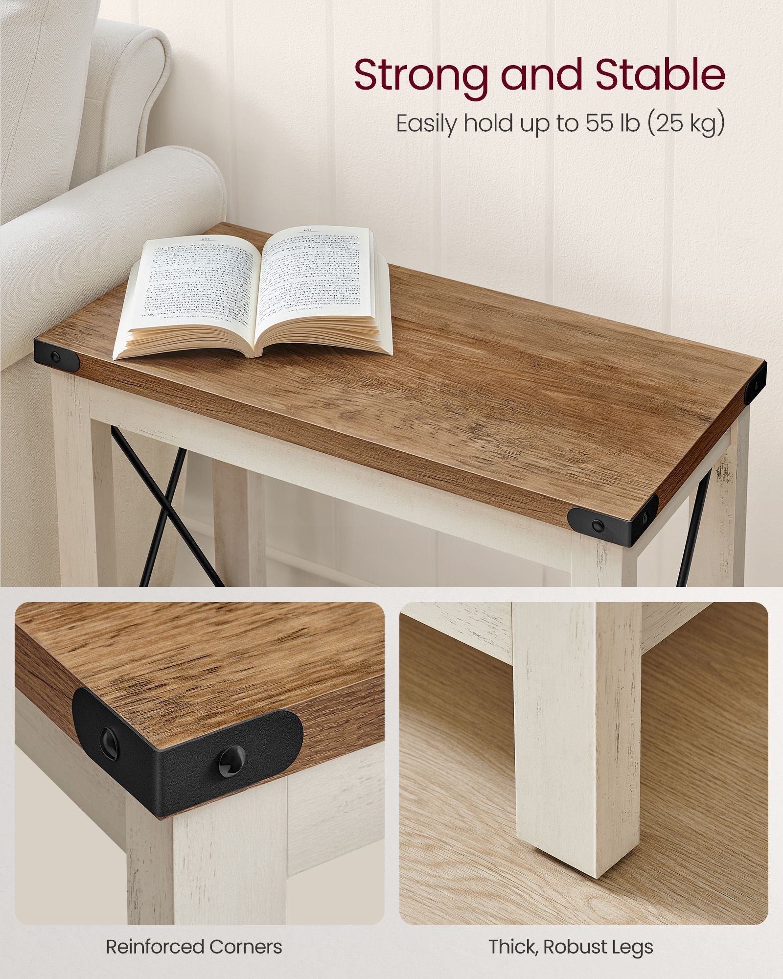 2-Tier Side Table - Wood - Rustic White - Bottom Shelf for Small Spaces
