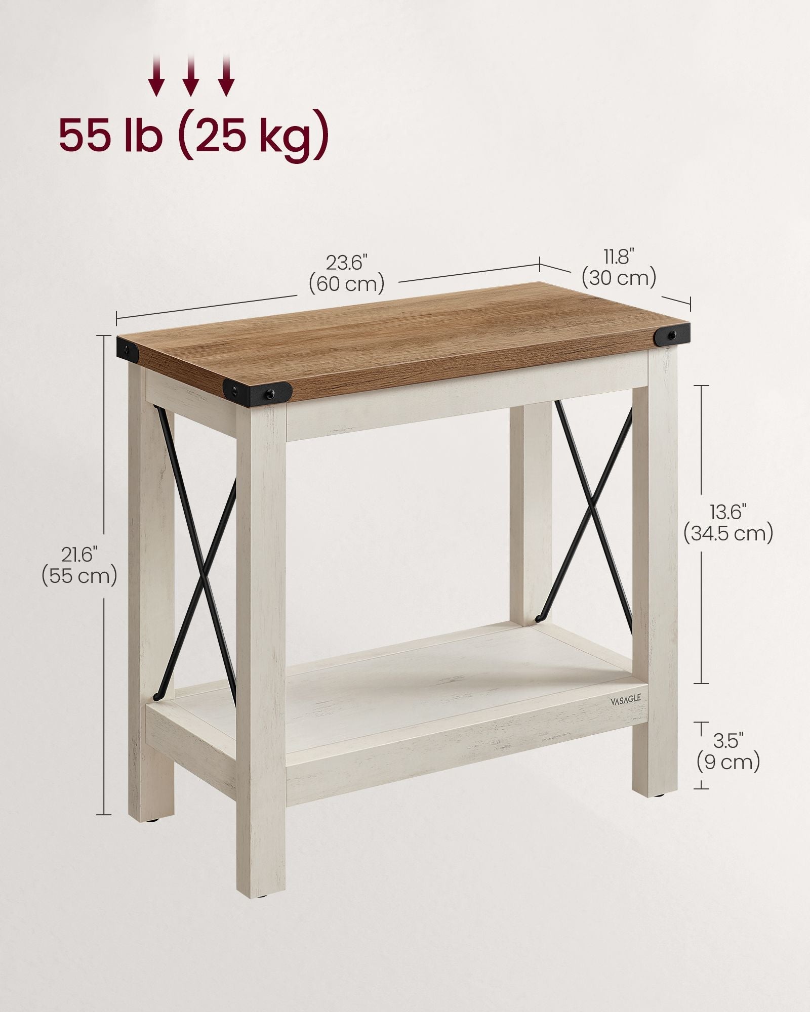 2-Tier Side Table - Wood - Rustic White - Bottom Shelf for Small Spaces