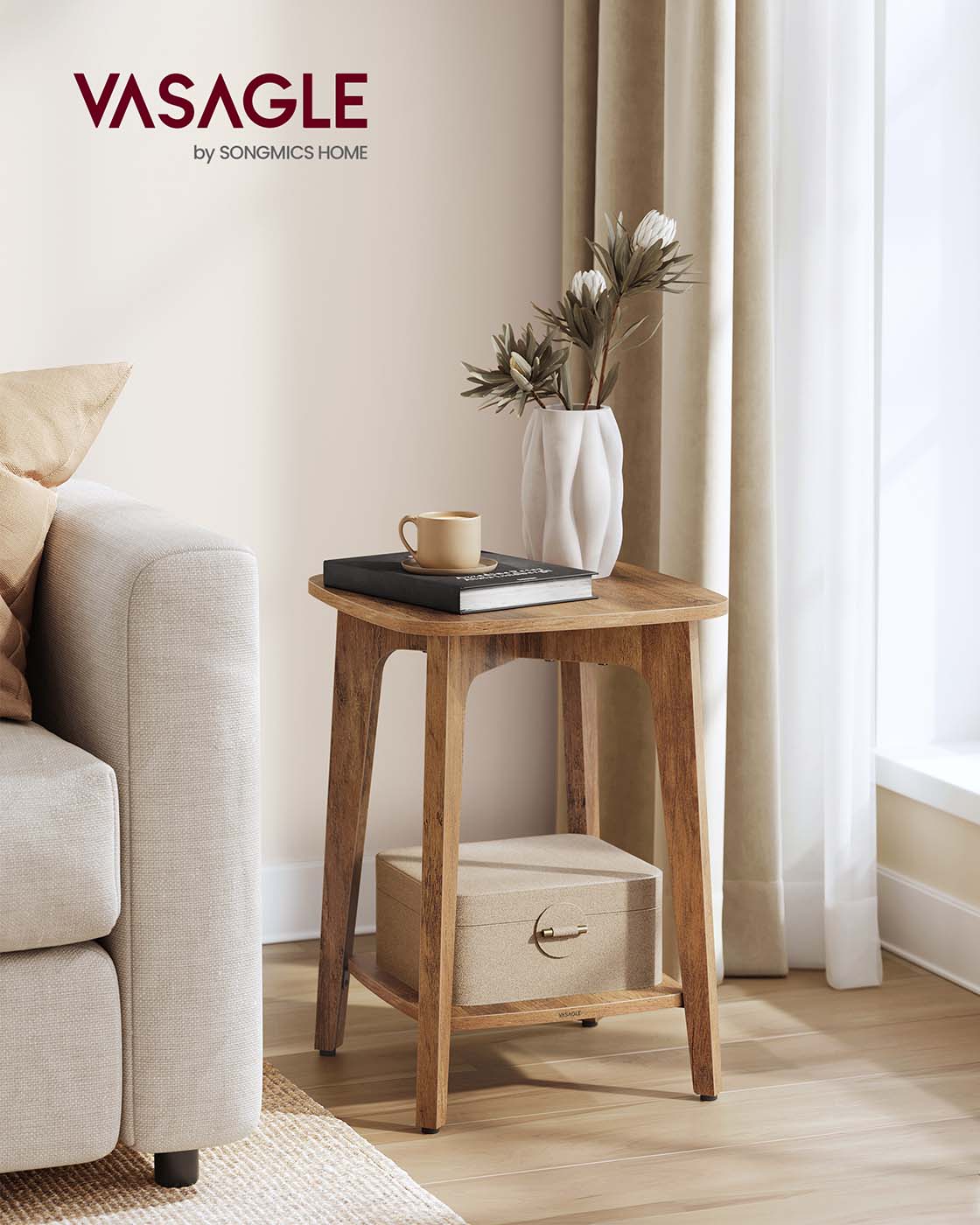 Side Table - Wood - Cloud White - Small Square Design with Lower Shelf