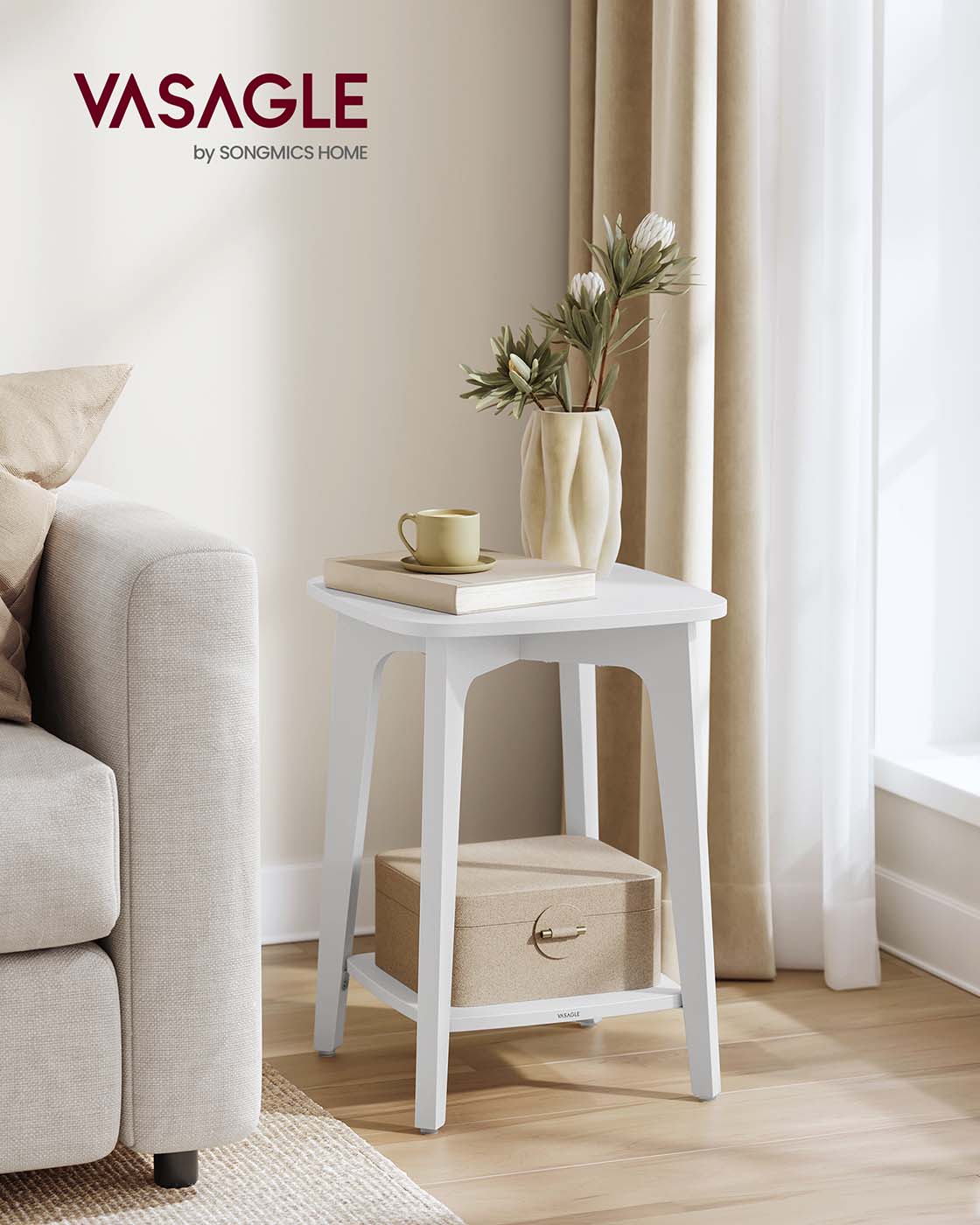 Side Table - Wood - Cloud White - Small Square Design with Lower Shelf