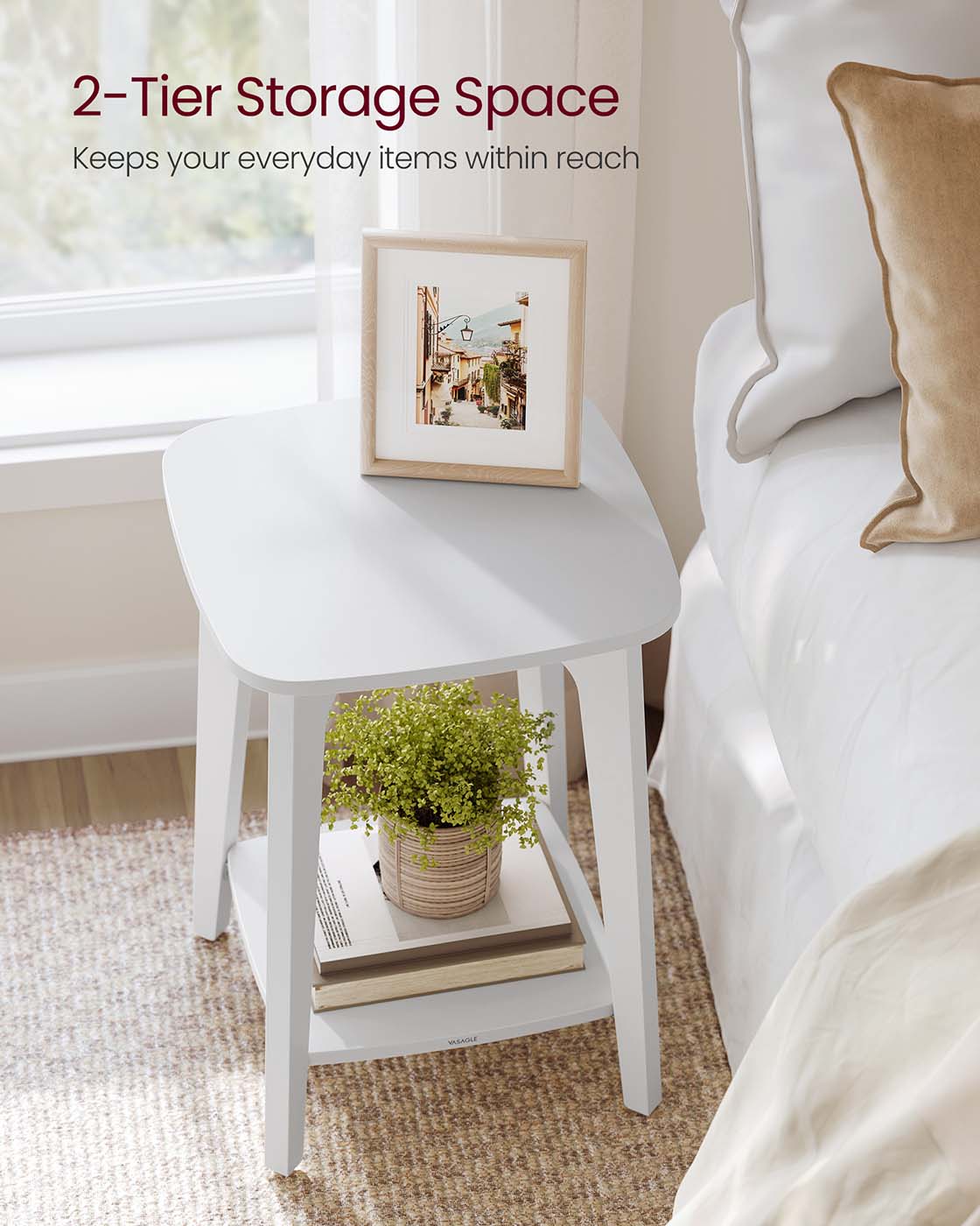 Side Table - Wood - Cloud White - Small Square Design with Lower Shelf
