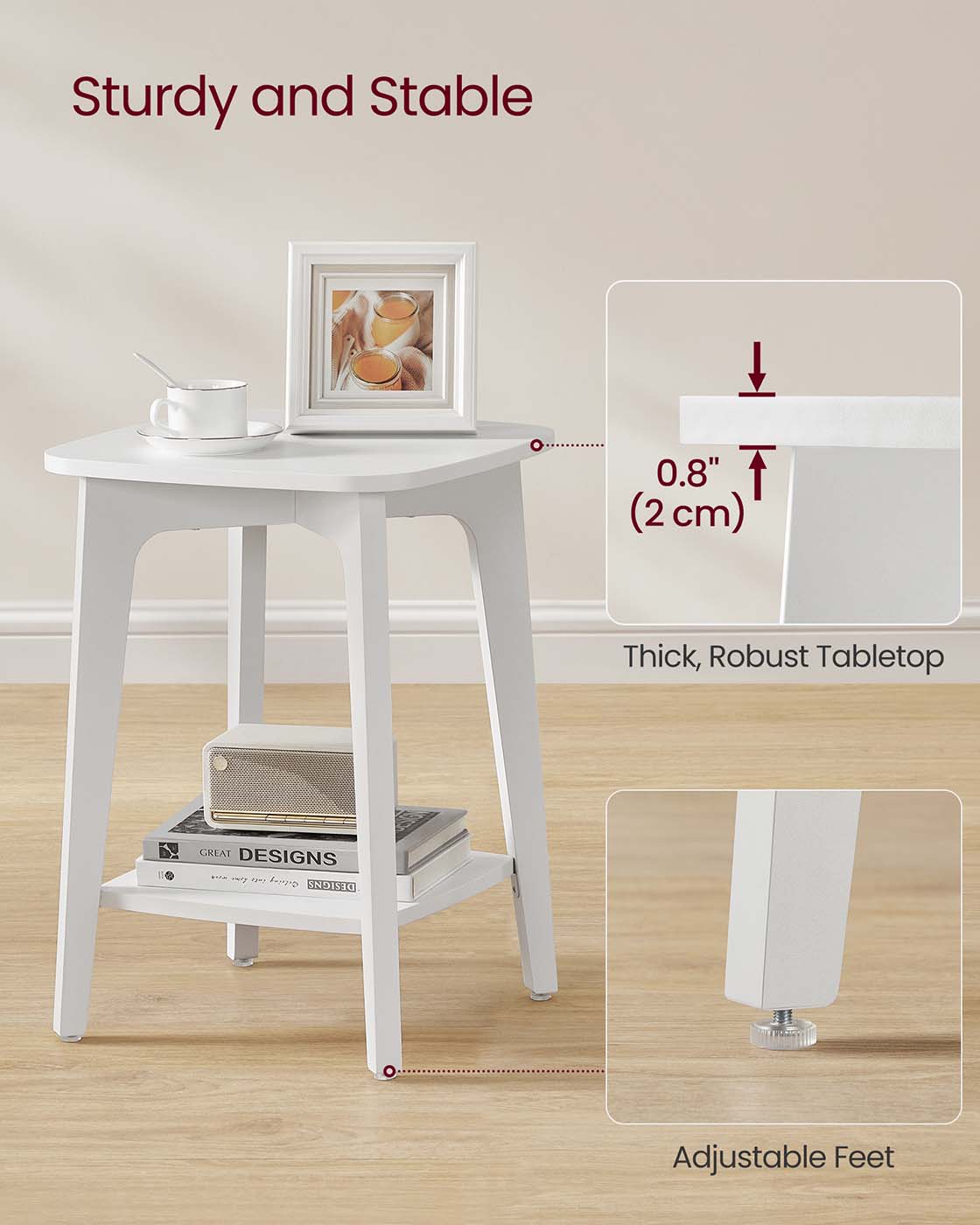 Side Table - Wood - Cloud White - Small Square Design with Lower Shelf