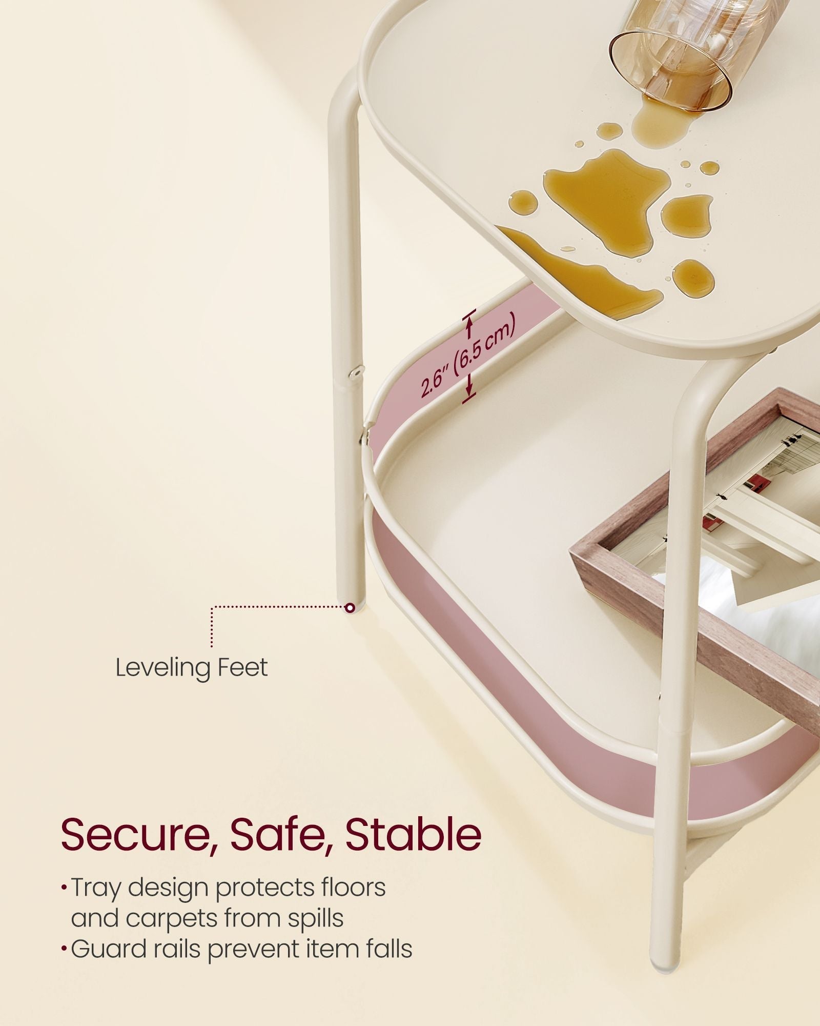 2-Tier Metal Side Table - Metal - Cream White - Tray Surface