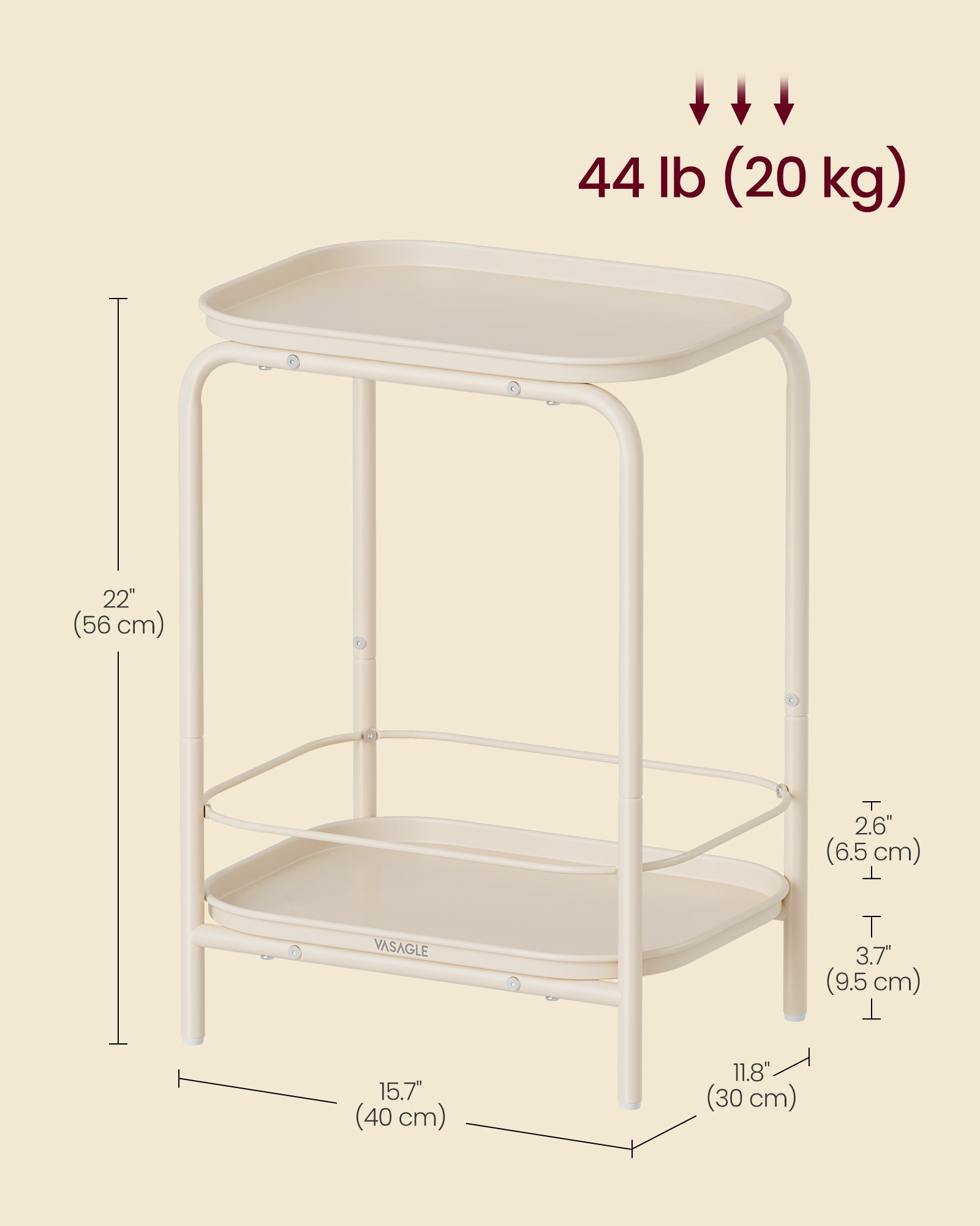 2-Tier Metal Side Table - Metal - Cream White - Tray Surface