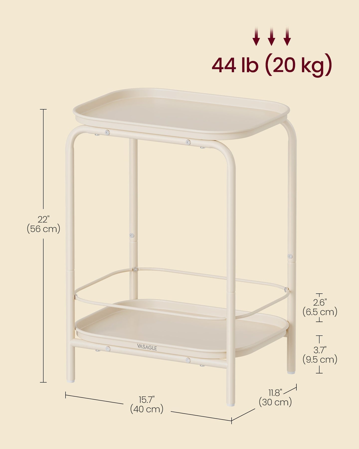 2-Tier Metal Side Table - Metal - Cream White - Tray Surface